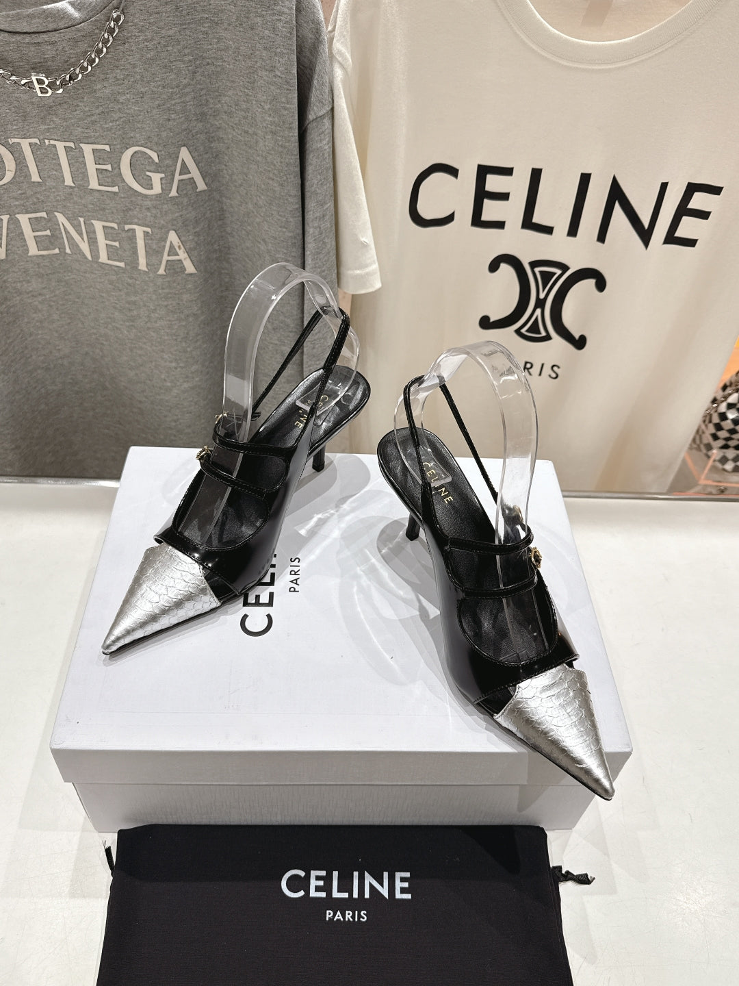 JUDY DOUBLE STRAP MARY JANE SLINGBACK 65MM IN BLACK SHINY CALFSKIN AND SILVER SNAKE EMBOSSED LEATHER - 34