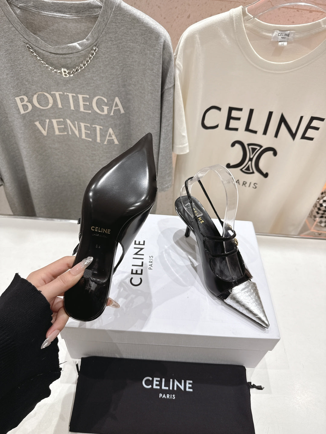 JUDY DOUBLE STRAP MARY JANE SLINGBACK 65MM IN BLACK SHINY CALFSKIN AND SILVER SNAKE EMBOSSED LEATHER - 34