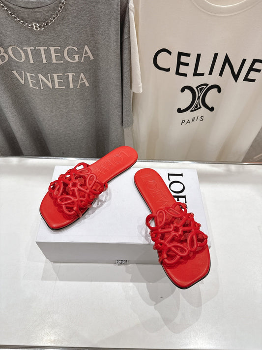 LOEWE 26S PETAL ANAGRAM SLIDE IN DARK RED CALFSKIN