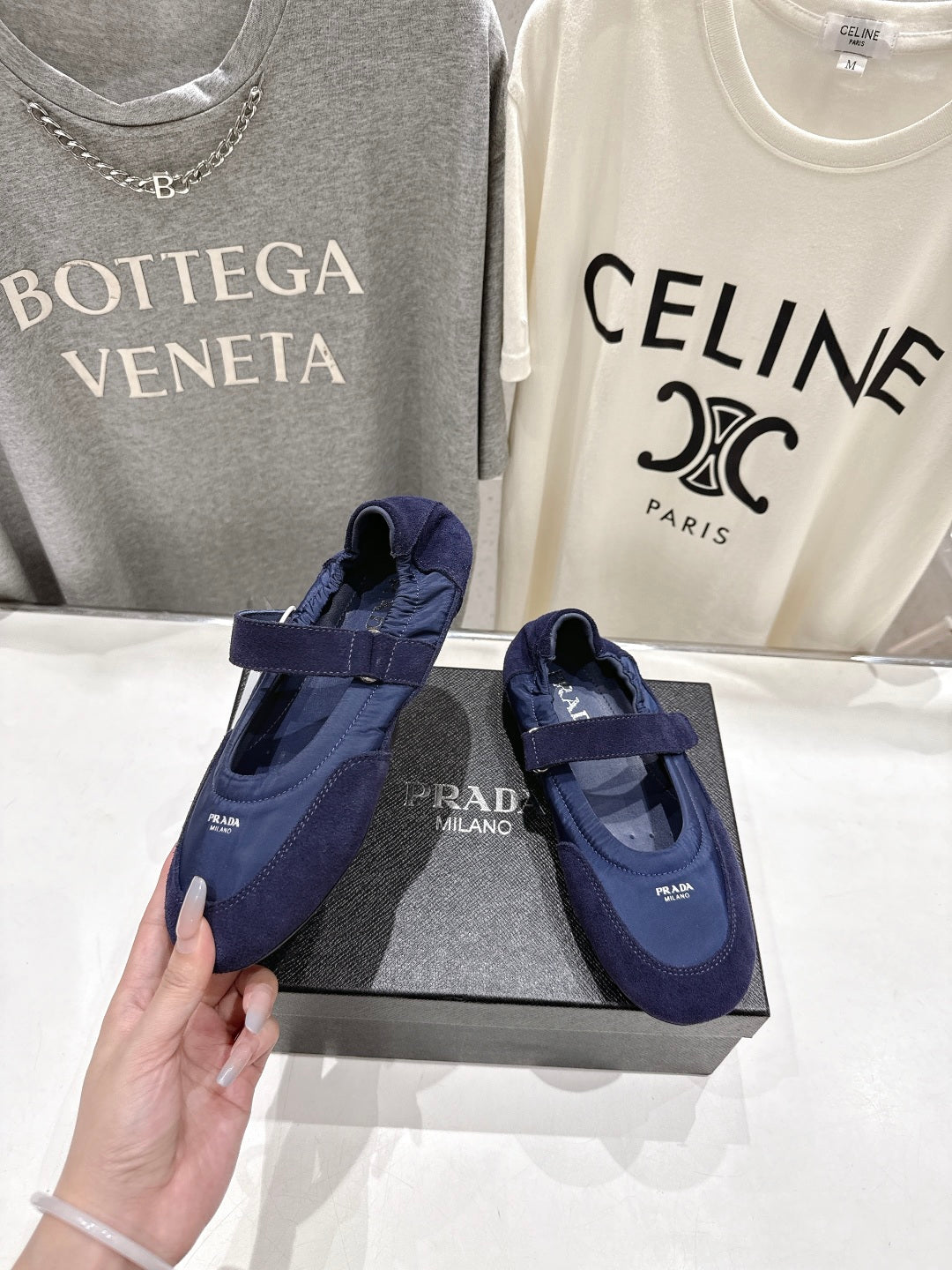 PRADA 25S COLLAPSE RE NYLON AND SUEDE BALLERINAS IN DARK BLUE - 35