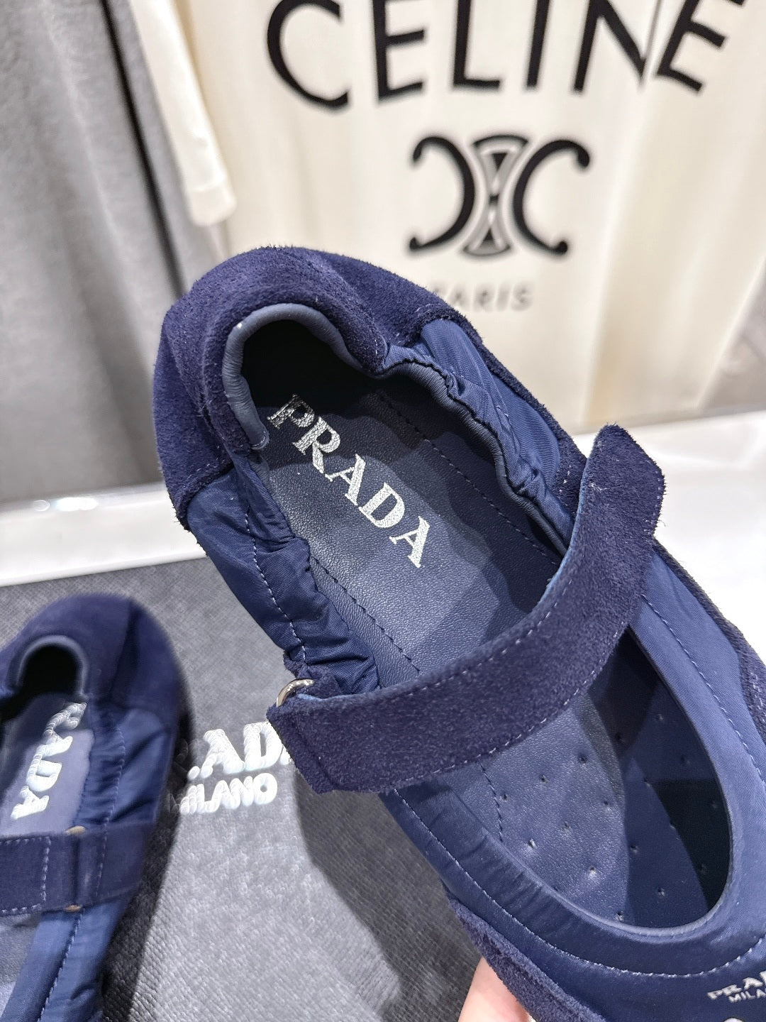 PRADA 25S COLLAPSE RE NYLON AND SUEDE BALLERINAS IN DARK BLUE - 35