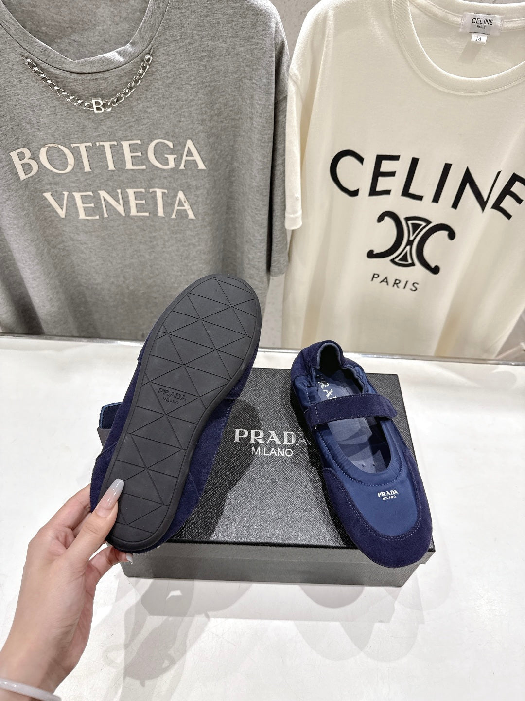 PRADA 25S COLLAPSE RE NYLON AND SUEDE BALLERINAS IN DARK BLUE - 35