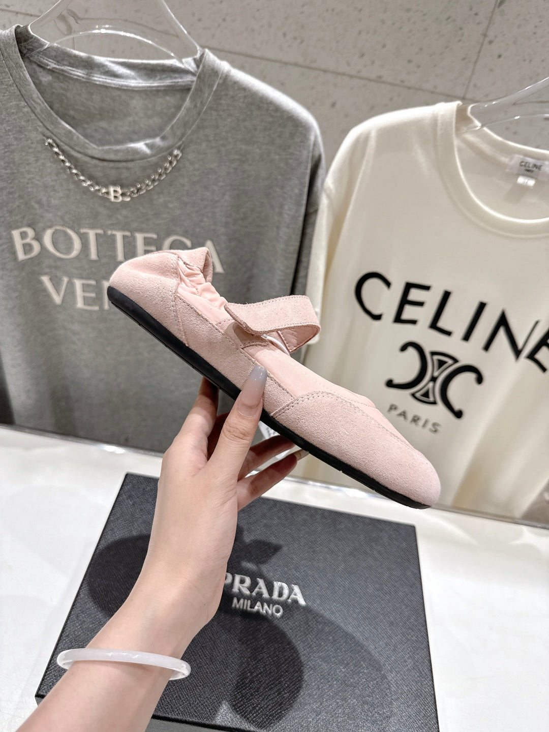 PRADA 25S COLLAPSE RE NYLON AND SUEDE BALLERINAS IN BABY PINK - 35