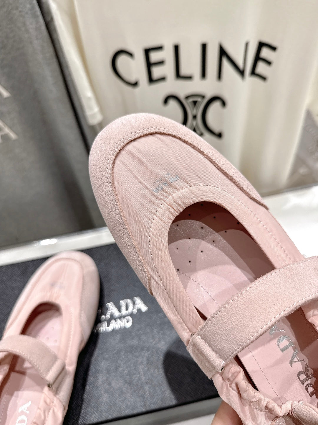PRADA 25S COLLAPSE RE NYLON AND SUEDE BALLERINAS IN BABY PINK - 35