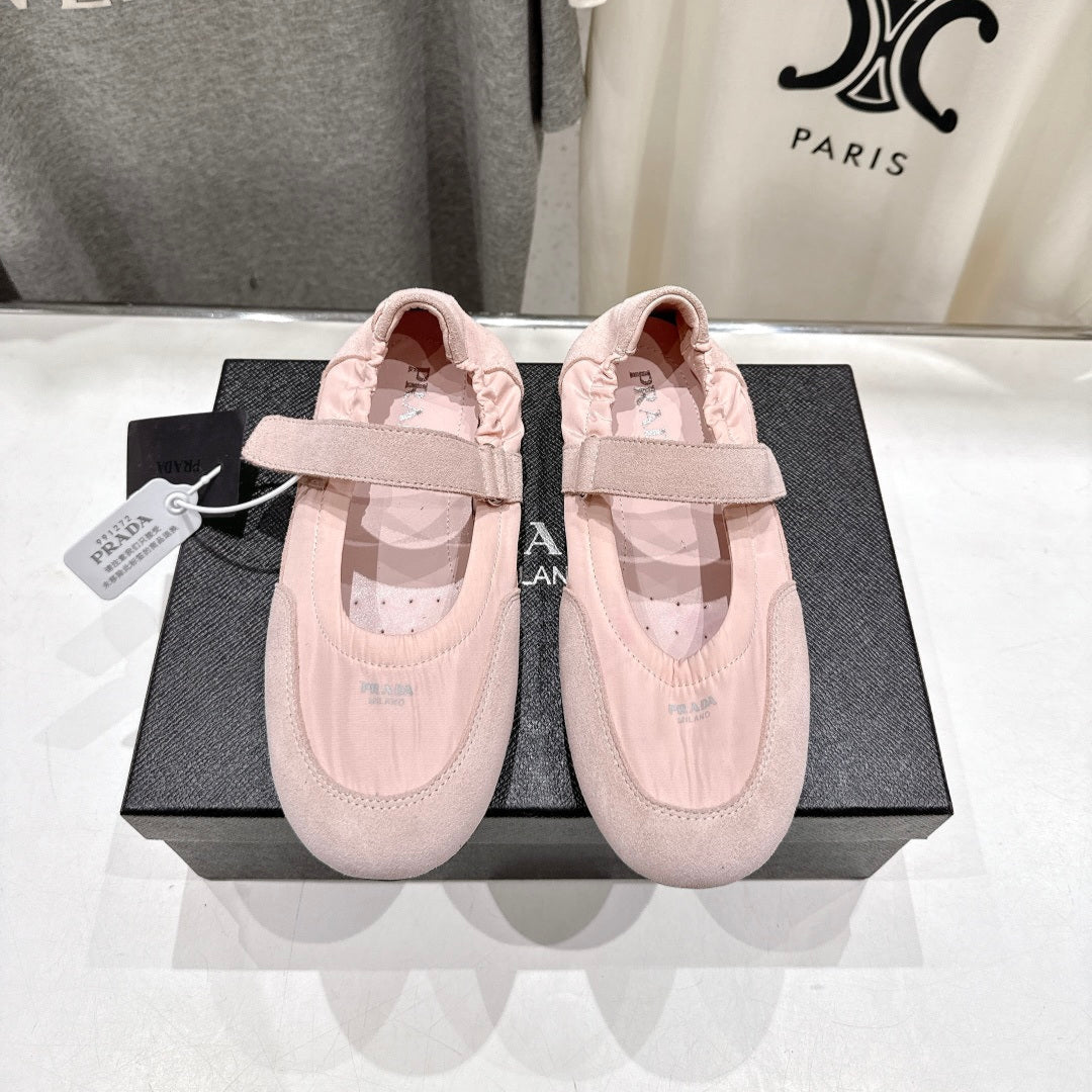 PRADA 25S COLLAPSE RE NYLON AND SUEDE BALLERINAS IN BABY PINK - 35