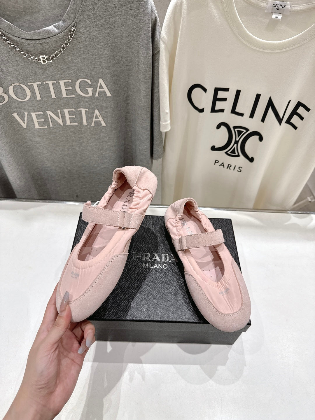PRADA 25S COLLAPSE RE NYLON AND SUEDE BALLERINAS IN BABY PINK - 35