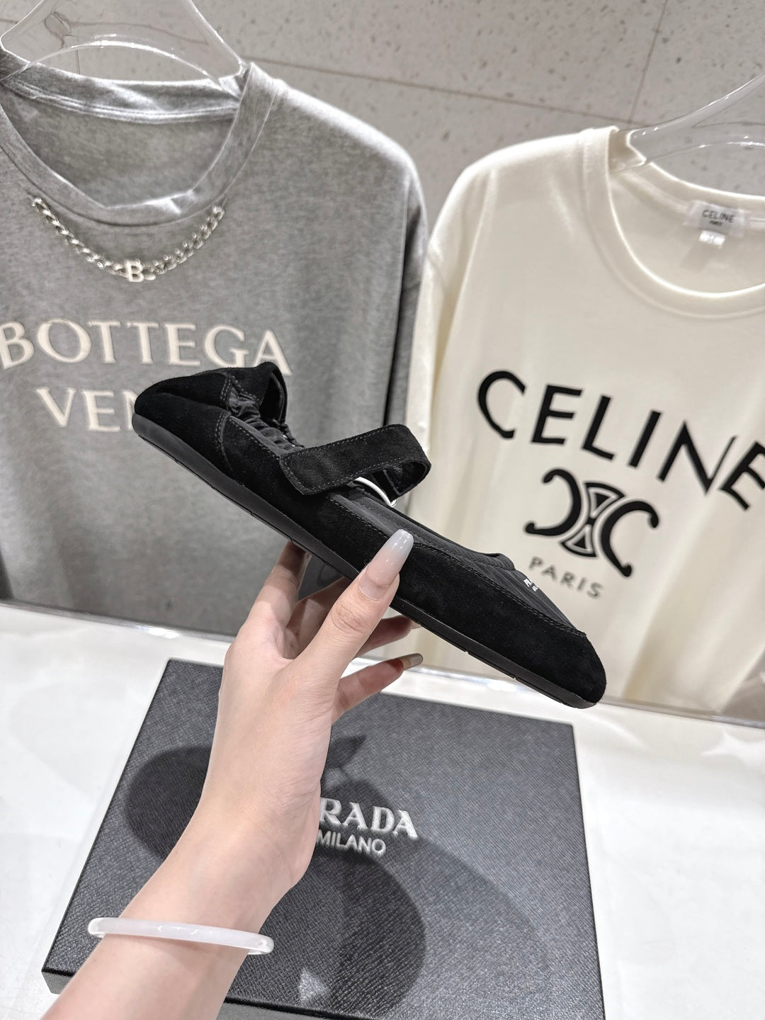 PRADA 25S COLLAPSE RE NYLON AND SUEDE BALLERINAS IN BLACK - 35