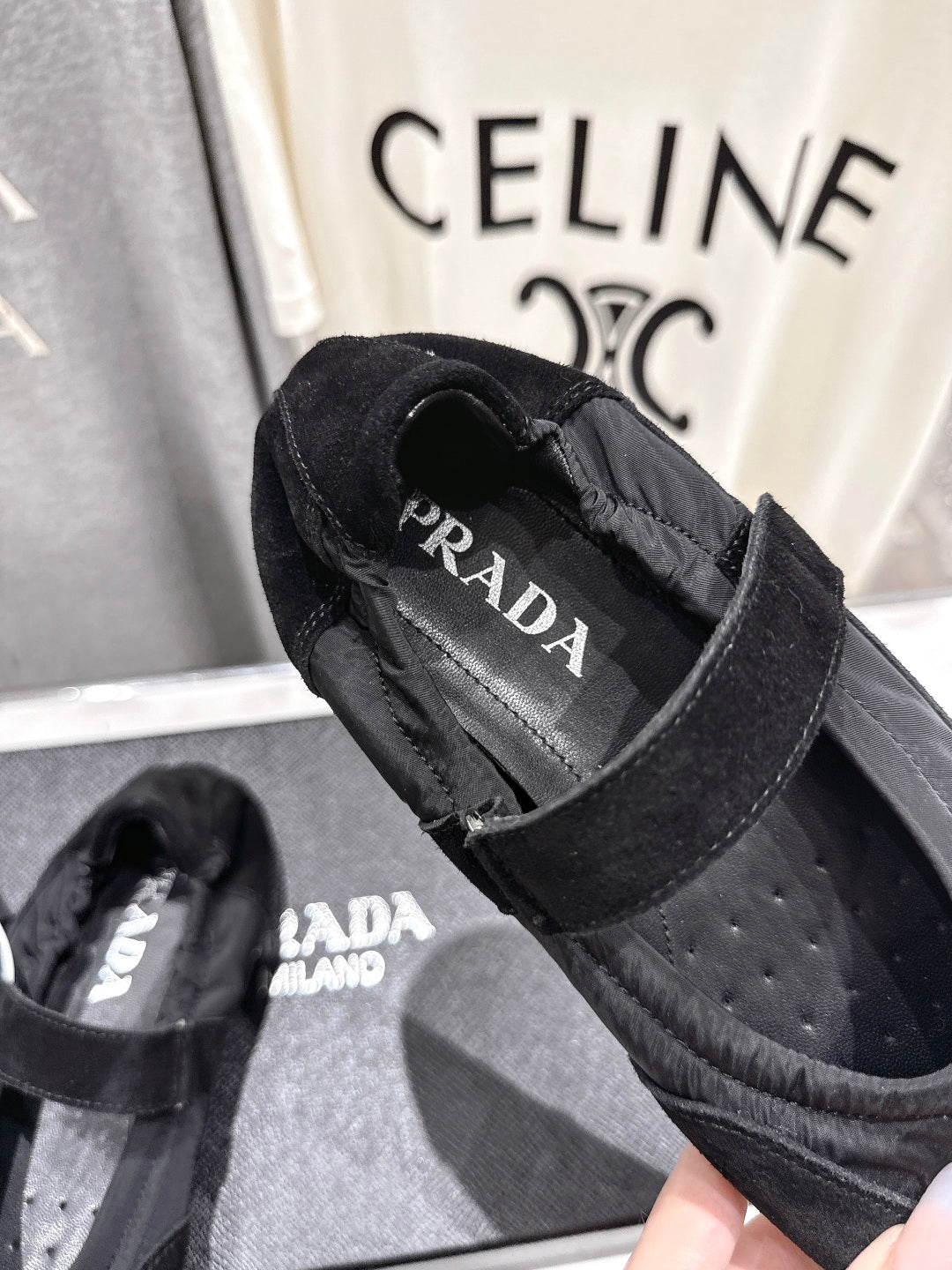PRADA 25S COLLAPSE RE NYLON AND SUEDE BALLERINAS IN BLACK - 35