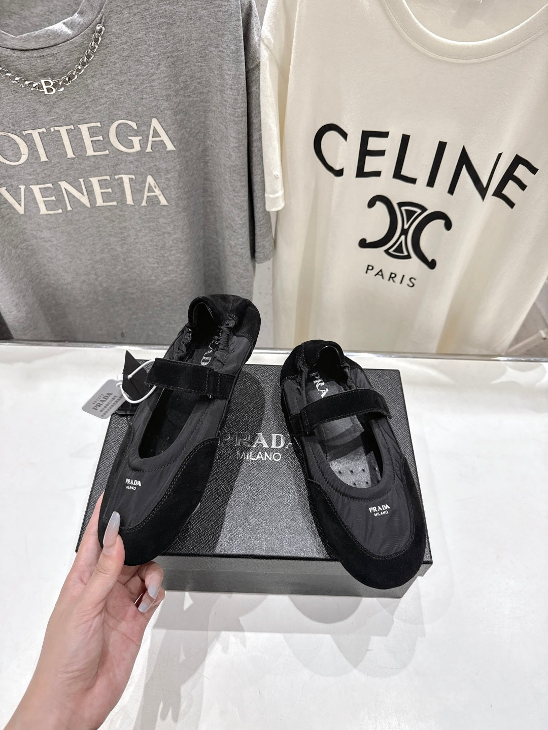 PRADA 25S COLLAPSE RE NYLON AND SUEDE BALLERINAS IN BLACK - 35
