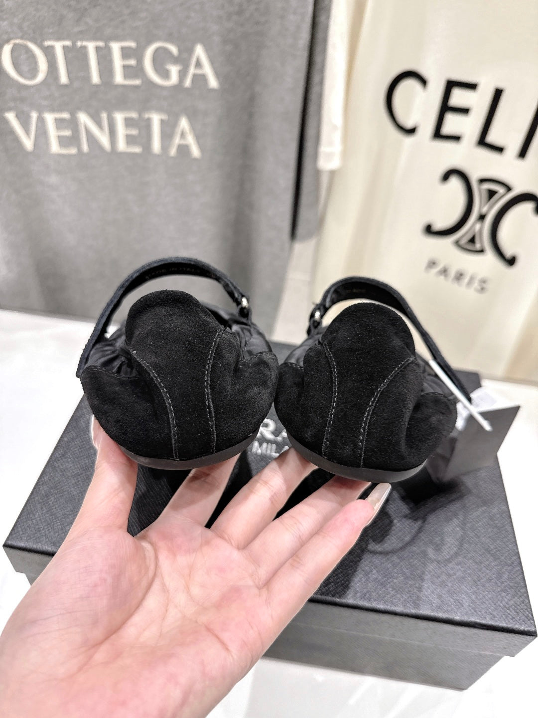 PRADA 25S COLLAPSE RE NYLON AND SUEDE BALLERINAS IN BLACK - 35