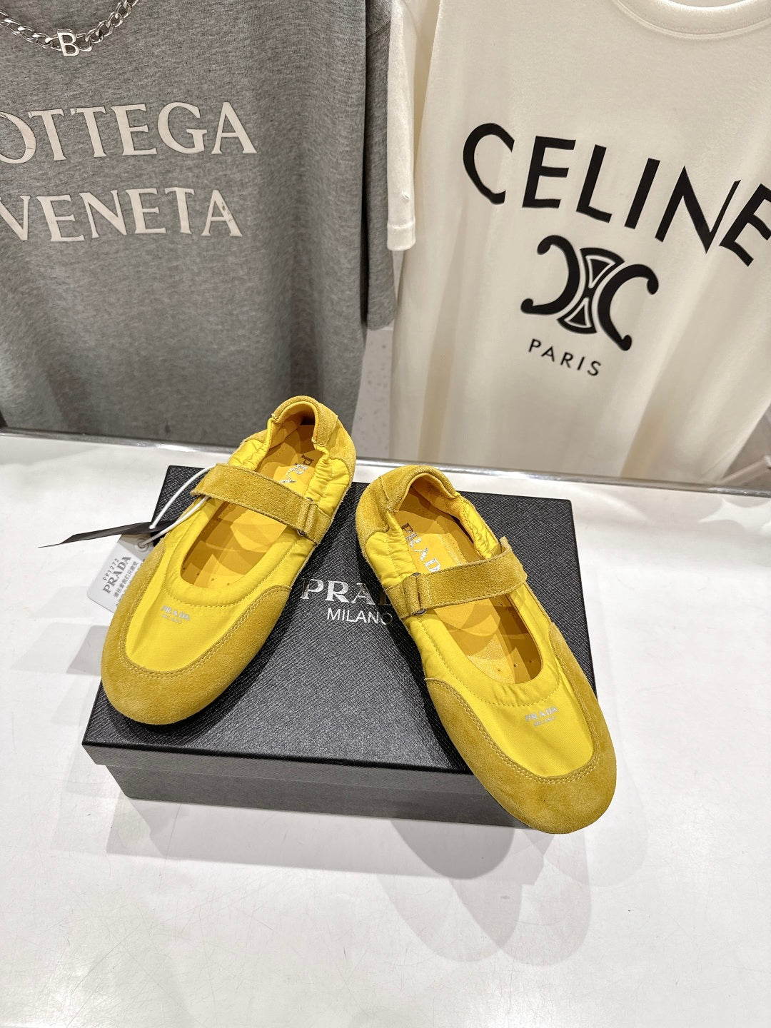 PRADA 25S COLLAPSE RE NYLON AND SUEDE BALLERINAS IN LEMON YELLOW - 35