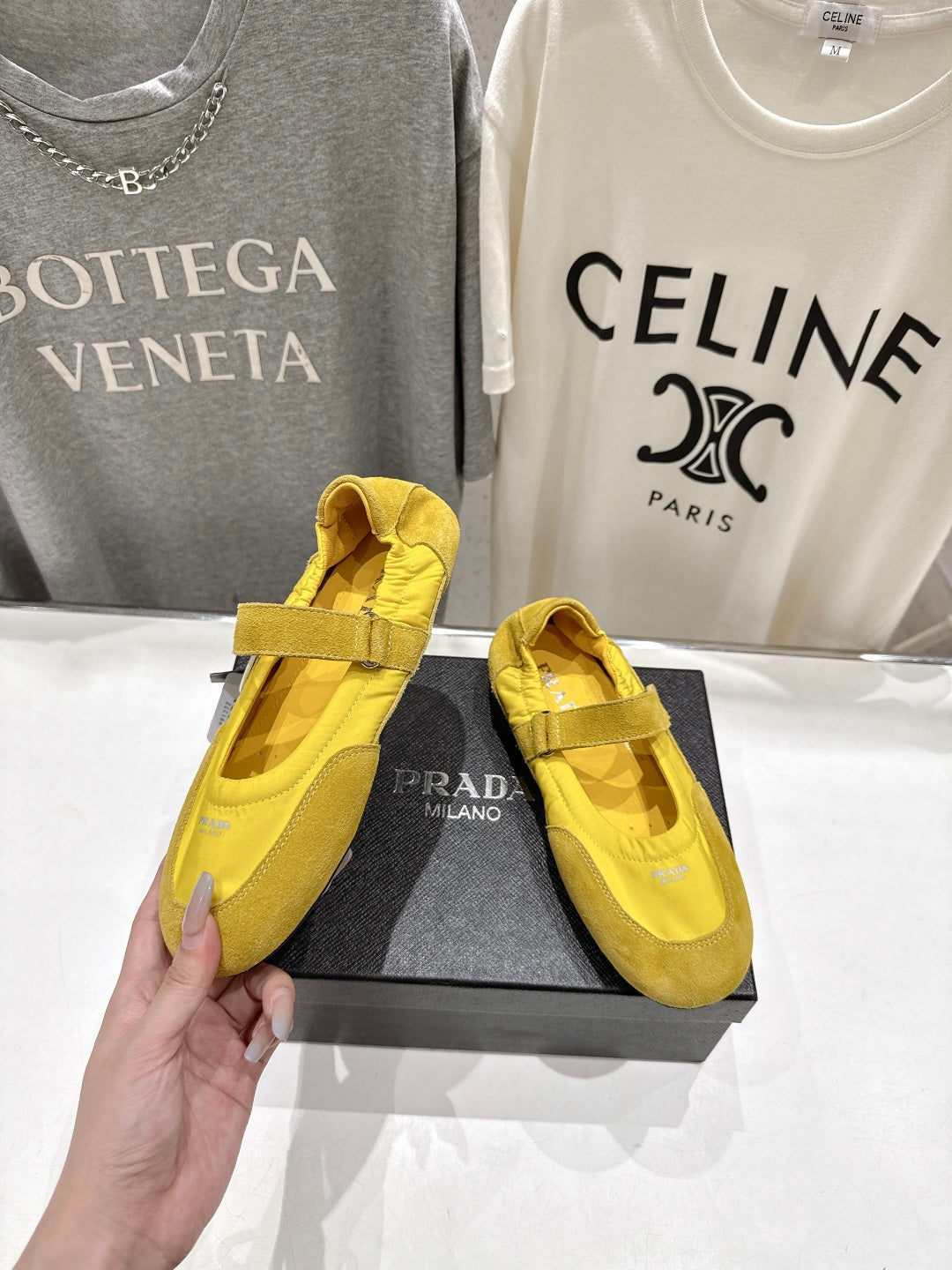 PRADA 25S COLLAPSE RE NYLON AND SUEDE BALLERINAS IN LEMON YELLOW - 35