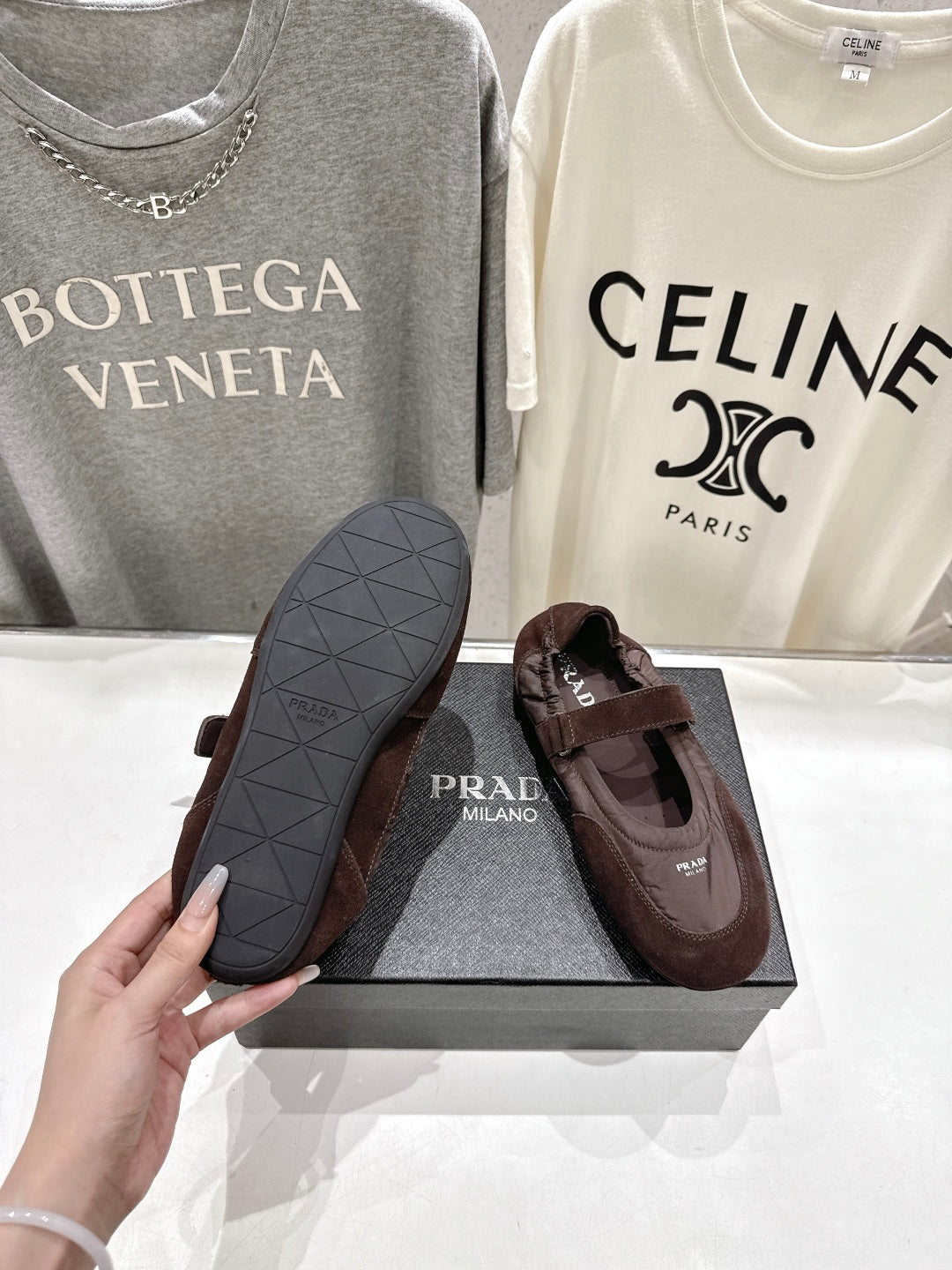PRADA 25S COLLAPSE RE NYLON AND SUEDE BALLERINAS IN COFFEE - 35
