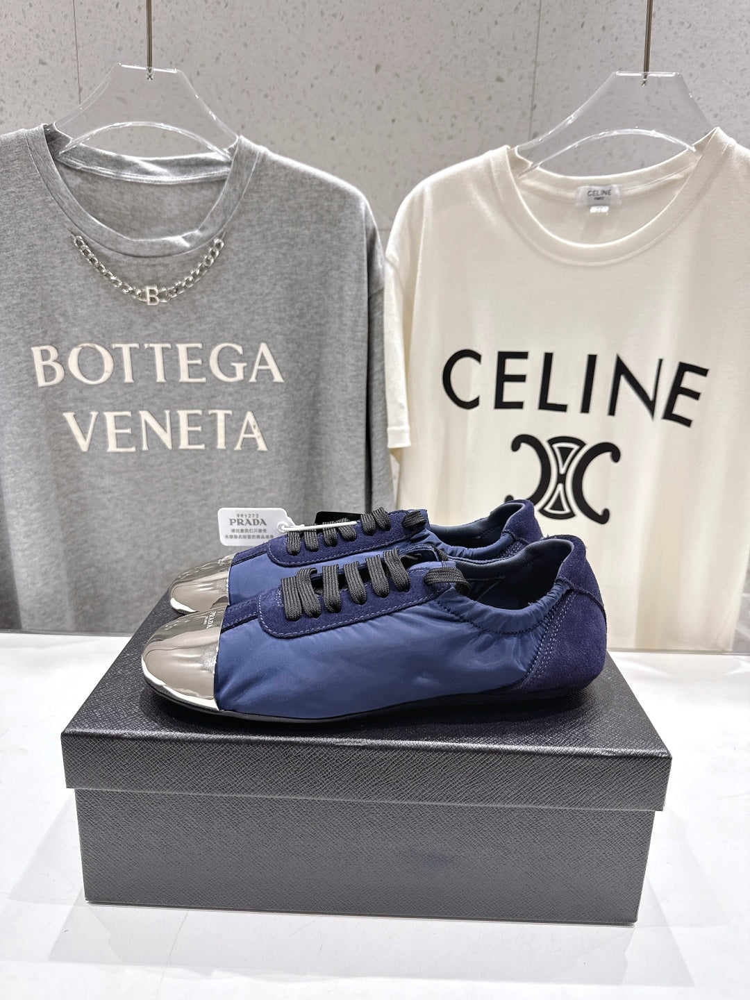 PRADA 25S COLLAPSE RE NYLON AND SUEDE SNEAKERS IN DARK BLUE WITH METAL TOECAP - 35