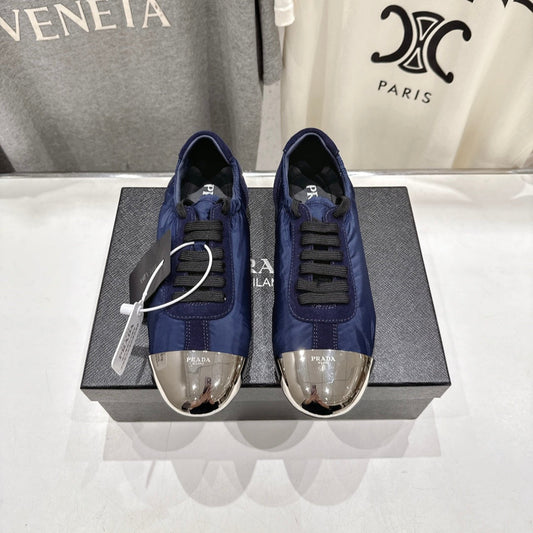 PRADA 25S COLLAPSE RE NYLON AND SUEDE SNEAKERS IN DARK BLUE WITH METAL TOECAP - 35