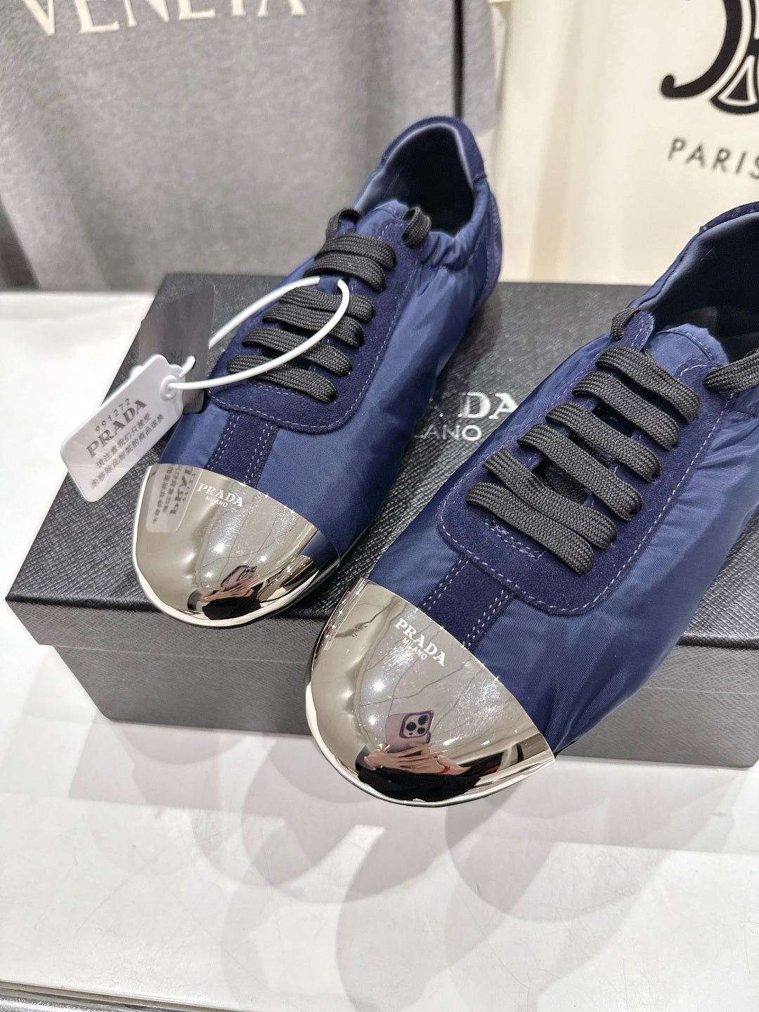 PRADA 25S COLLAPSE RE NYLON AND SUEDE SNEAKERS IN DARK BLUE WITH METAL TOECAP - 35