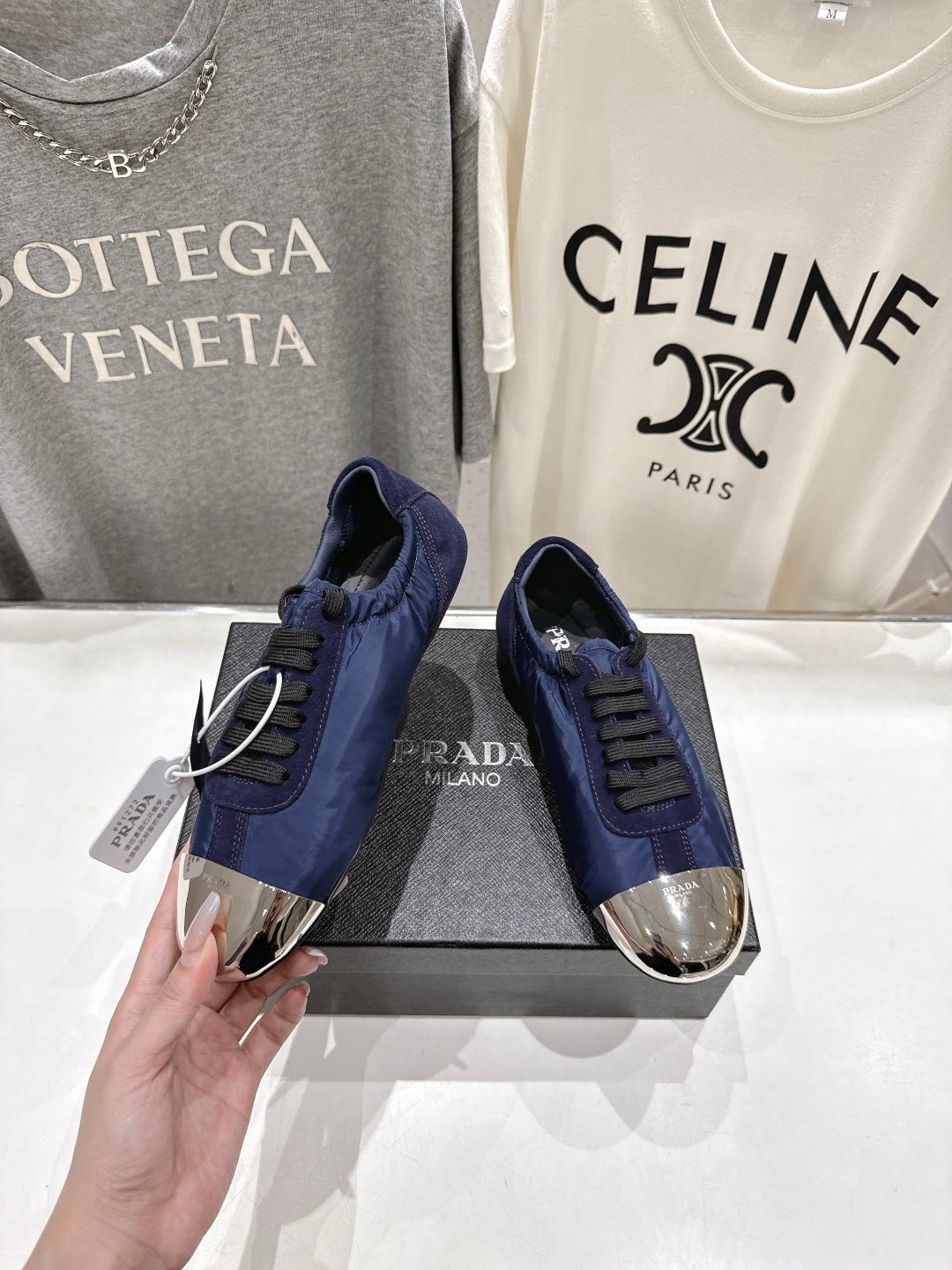 PRADA 25S COLLAPSE RE NYLON AND SUEDE SNEAKERS IN DARK BLUE WITH METAL TOECAP - 35
