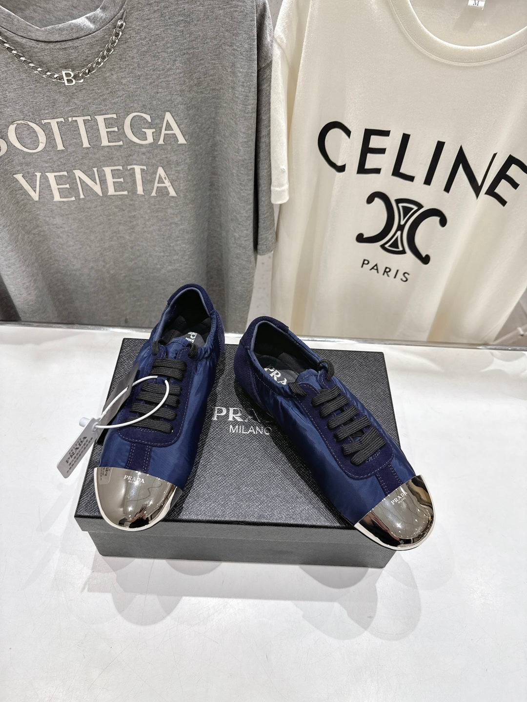 PRADA 25S COLLAPSE RE NYLON AND SUEDE SNEAKERS IN DARK BLUE WITH METAL TOECAP - 35