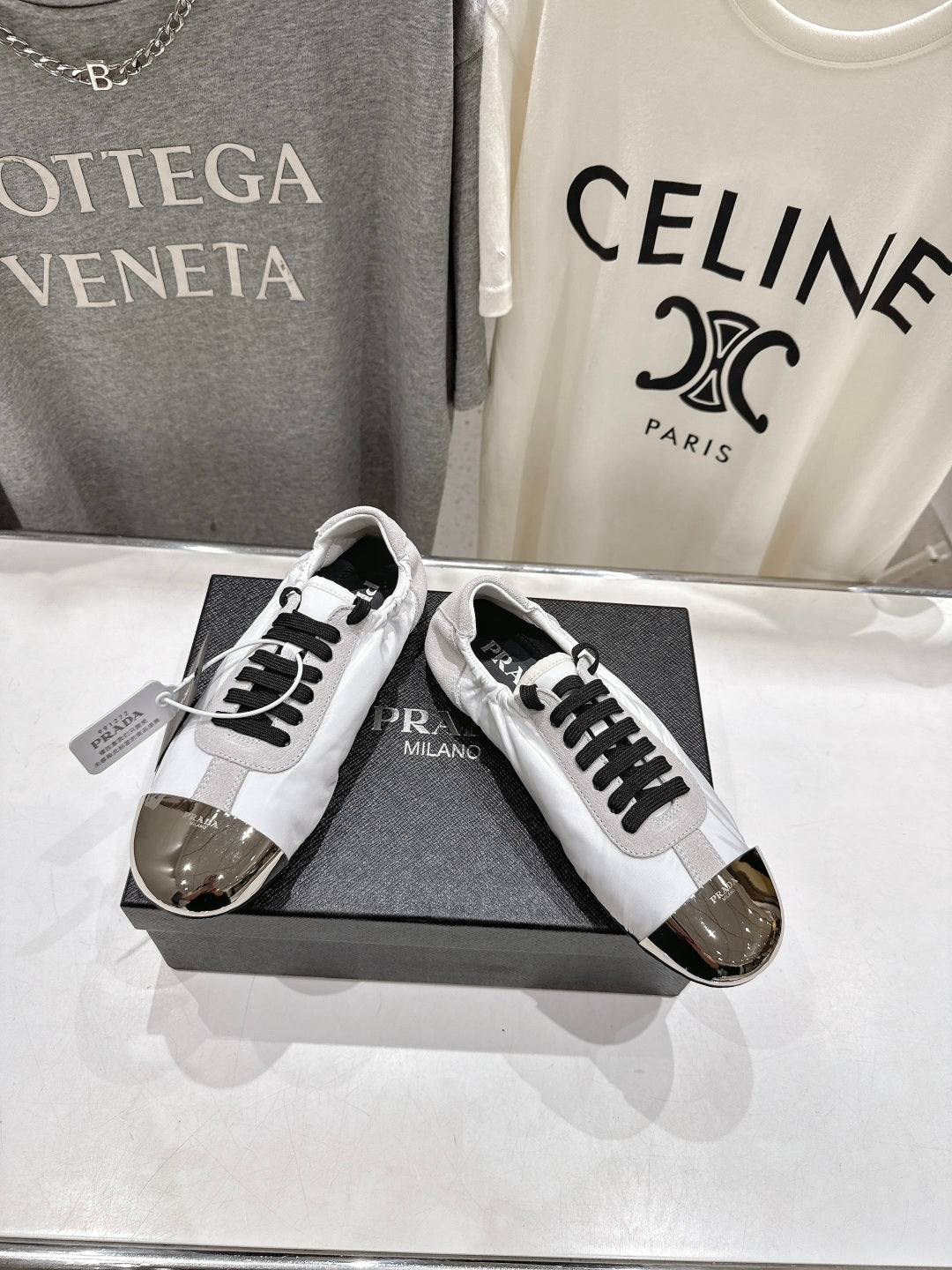 PRADA 25S COLLAPSE RE NYLON AND SUEDE SNEAKERS IN WHITE WITH METAL TOECAP - 35