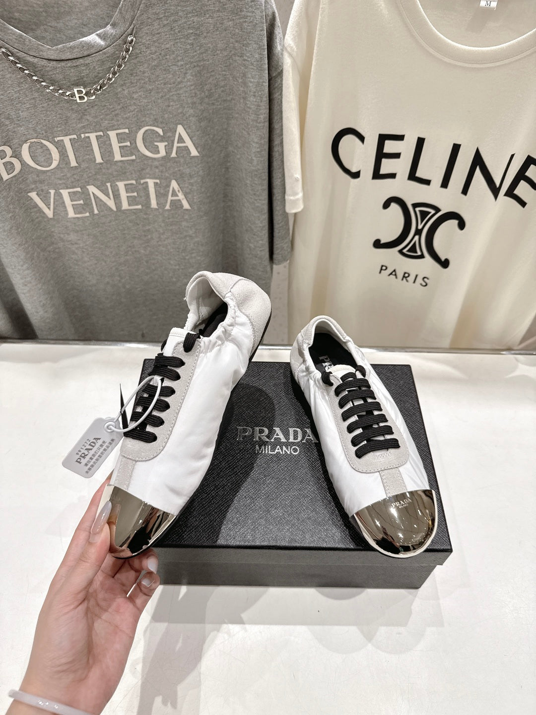 PRADA 25S COLLAPSE RE NYLON AND SUEDE SNEAKERS IN WHITE WITH METAL TOECAP - 35