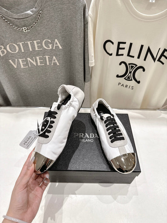 PRADA 25S COLLAPSE RE NYLON AND SUEDE SNEAKERS IN WHITE WITH METAL TOECAP - 35