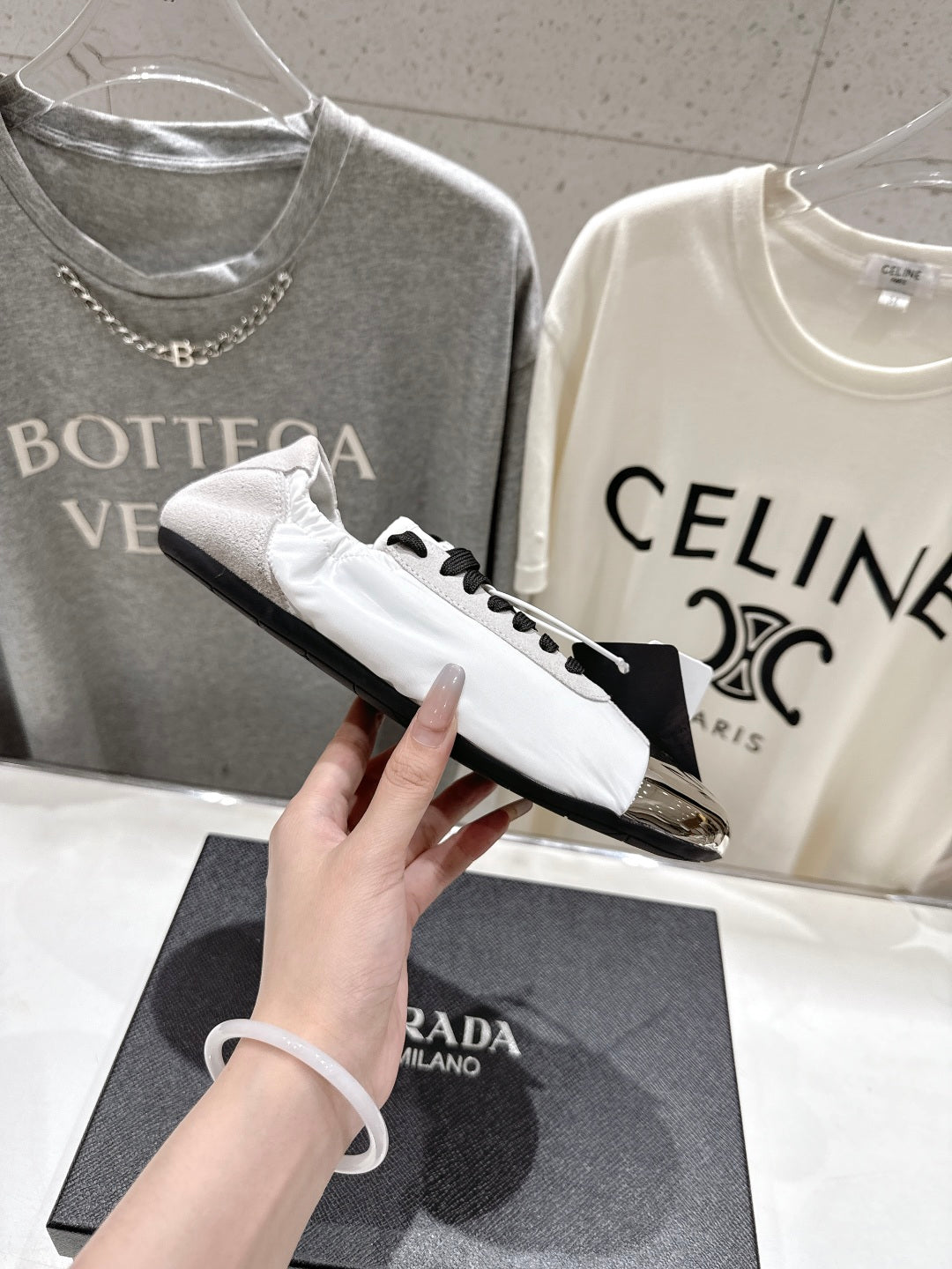 PRADA 25S COLLAPSE RE NYLON AND SUEDE SNEAKERS IN WHITE WITH METAL TOECAP - 35