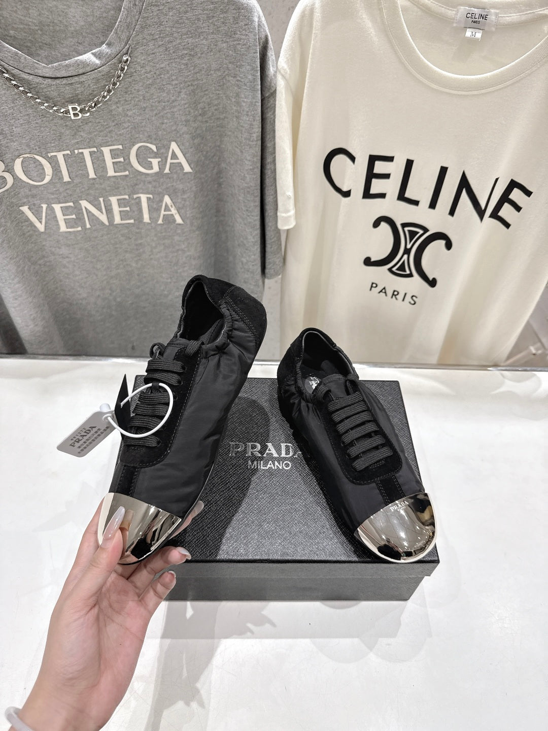 PRADA 25S COLLAPSE RE NYLON AND SUEDE SNEAKERS IN BLACK WITH METAL TOECAP - 35