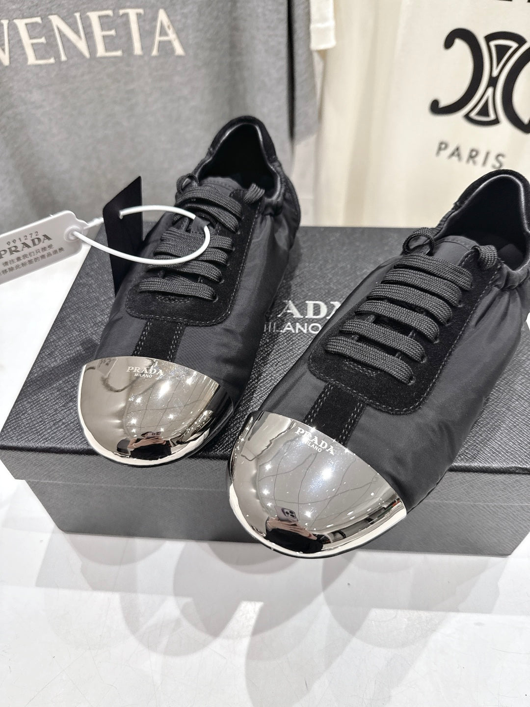 PRADA 25S COLLAPSE RE NYLON AND SUEDE SNEAKERS IN BLACK WITH METAL TOECAP - 35