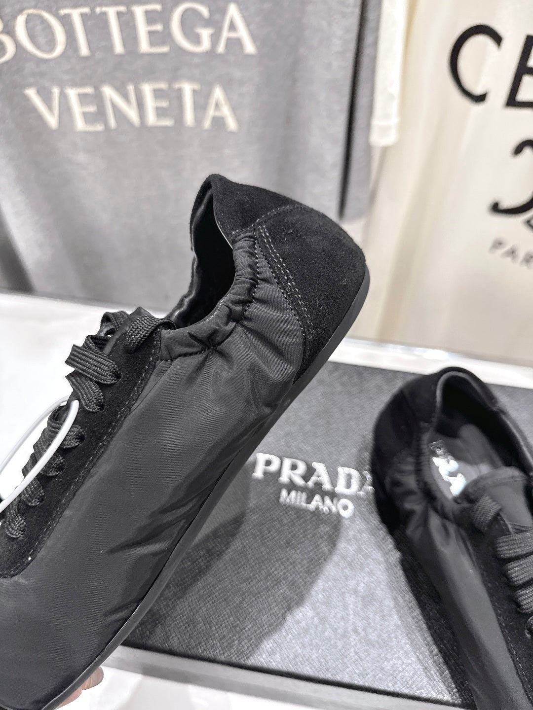 PRADA 25S COLLAPSE RE NYLON AND SUEDE SNEAKERS IN BLACK WITH METAL TOECAP - 35