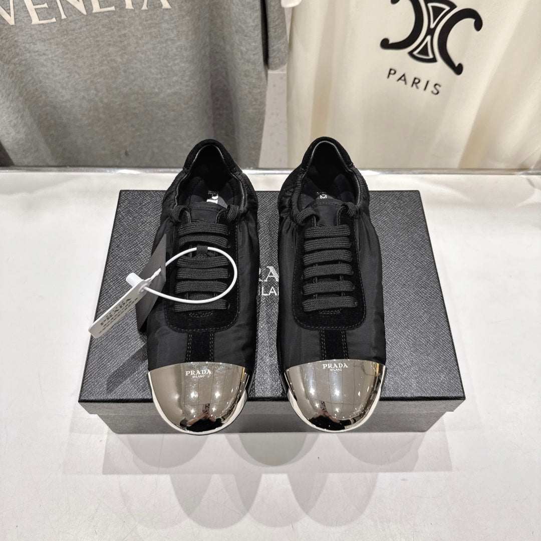 PRADA 25S COLLAPSE RE NYLON AND SUEDE SNEAKERS IN BLACK WITH METAL TOECAP - 35