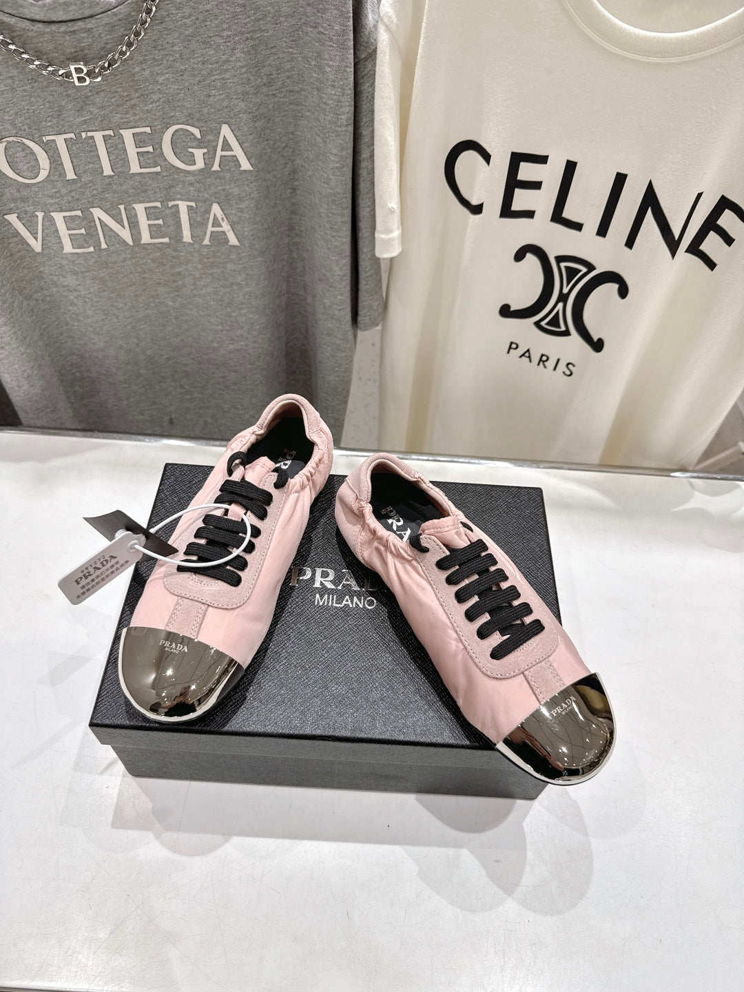 PRADA 25S COLLAPSE RE NYLON AND SUEDE SNEAKERS IN LIGHT PINK WITH METAL TOECAP - 35
