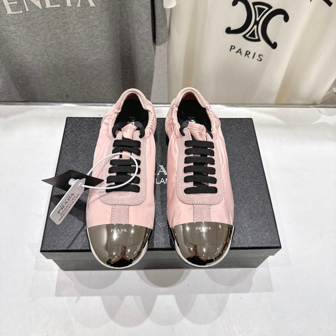 PRADA 25S COLLAPSE RE NYLON AND SUEDE SNEAKERS IN LIGHT PINK WITH METAL TOECAP - 35