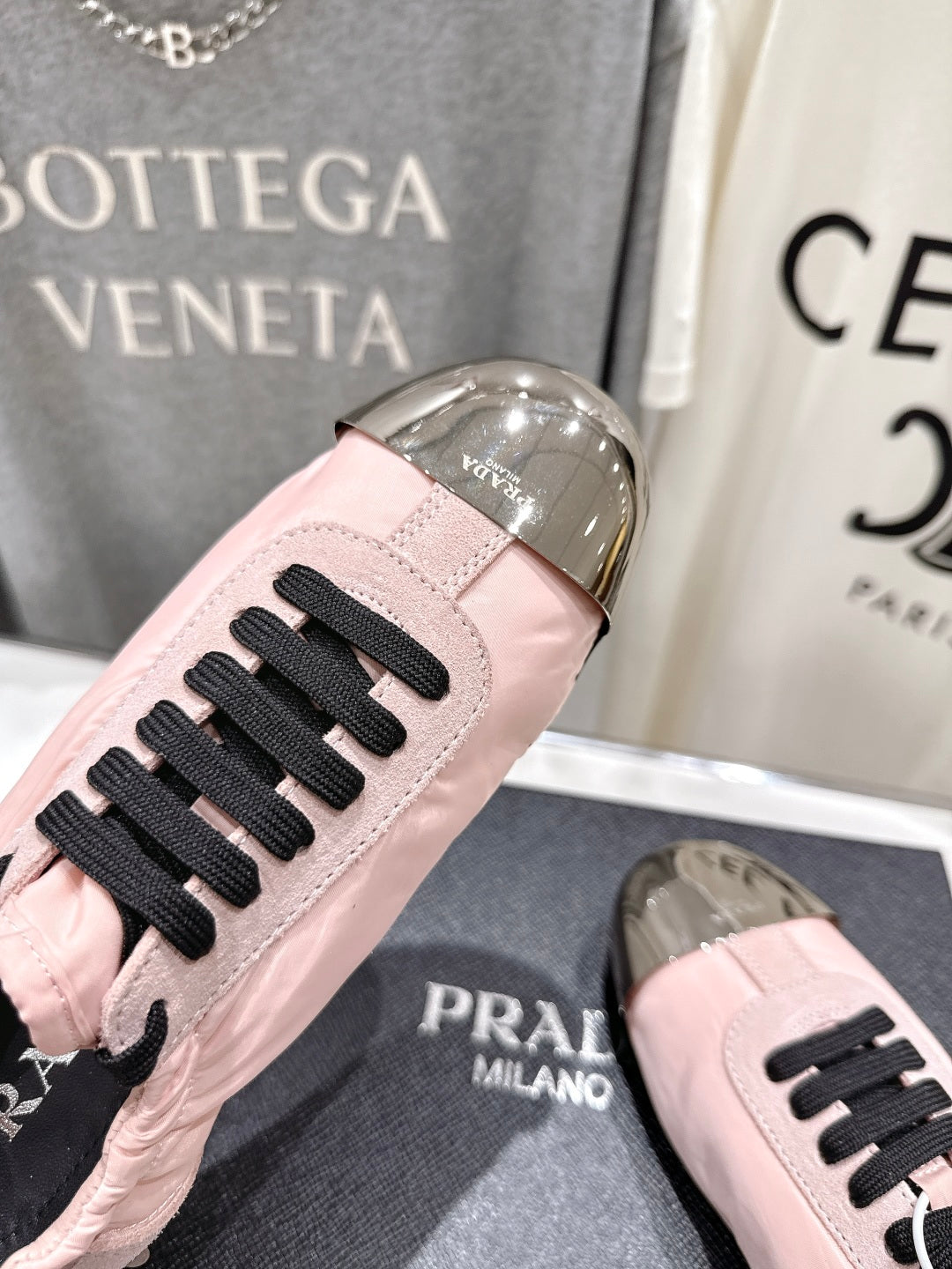 PRADA 25S COLLAPSE RE NYLON AND SUEDE SNEAKERS IN LIGHT PINK WITH METAL TOECAP - 35