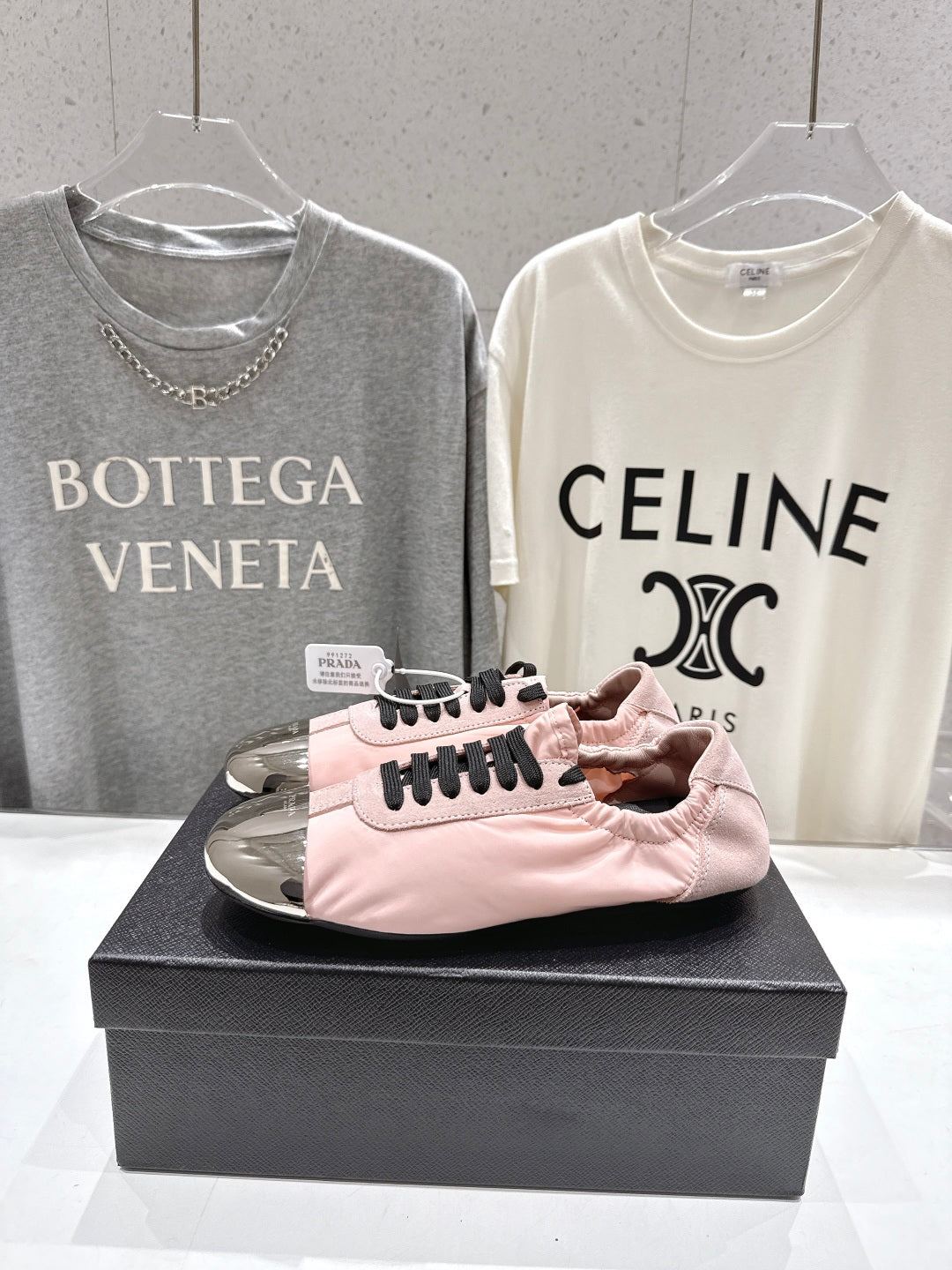 PRADA 25S COLLAPSE RE NYLON AND SUEDE SNEAKERS IN LIGHT PINK WITH METAL TOECAP - 35