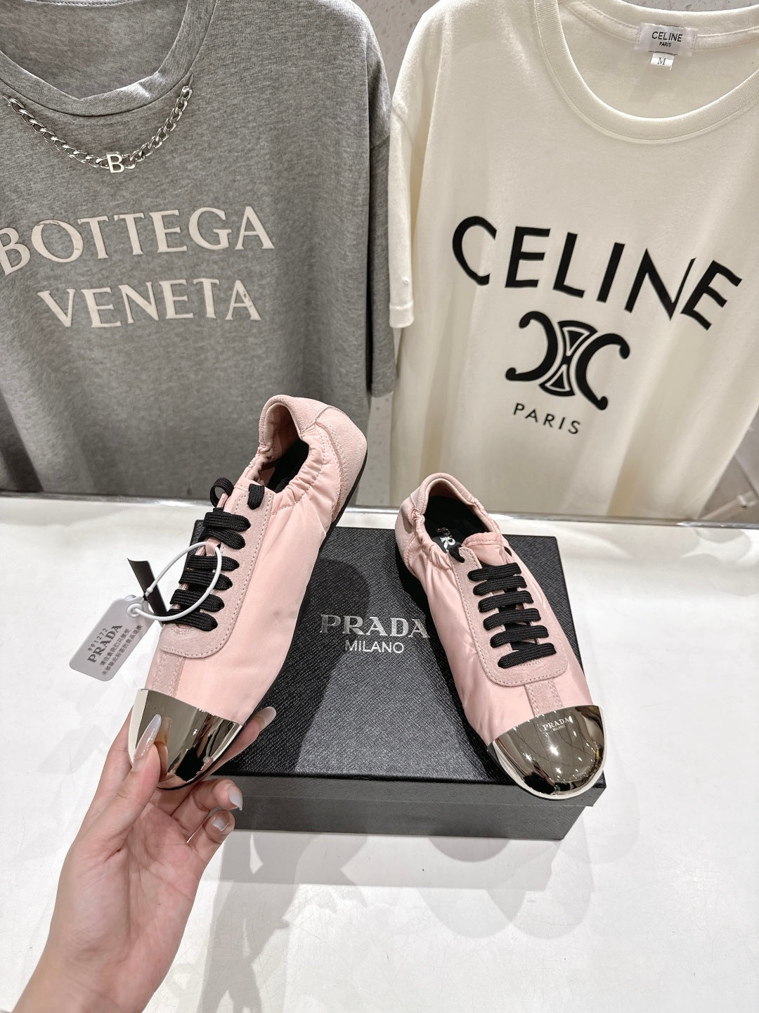 PRADA 25S COLLAPSE RE NYLON AND SUEDE SNEAKERS IN LIGHT PINK WITH METAL TOECAP - 35