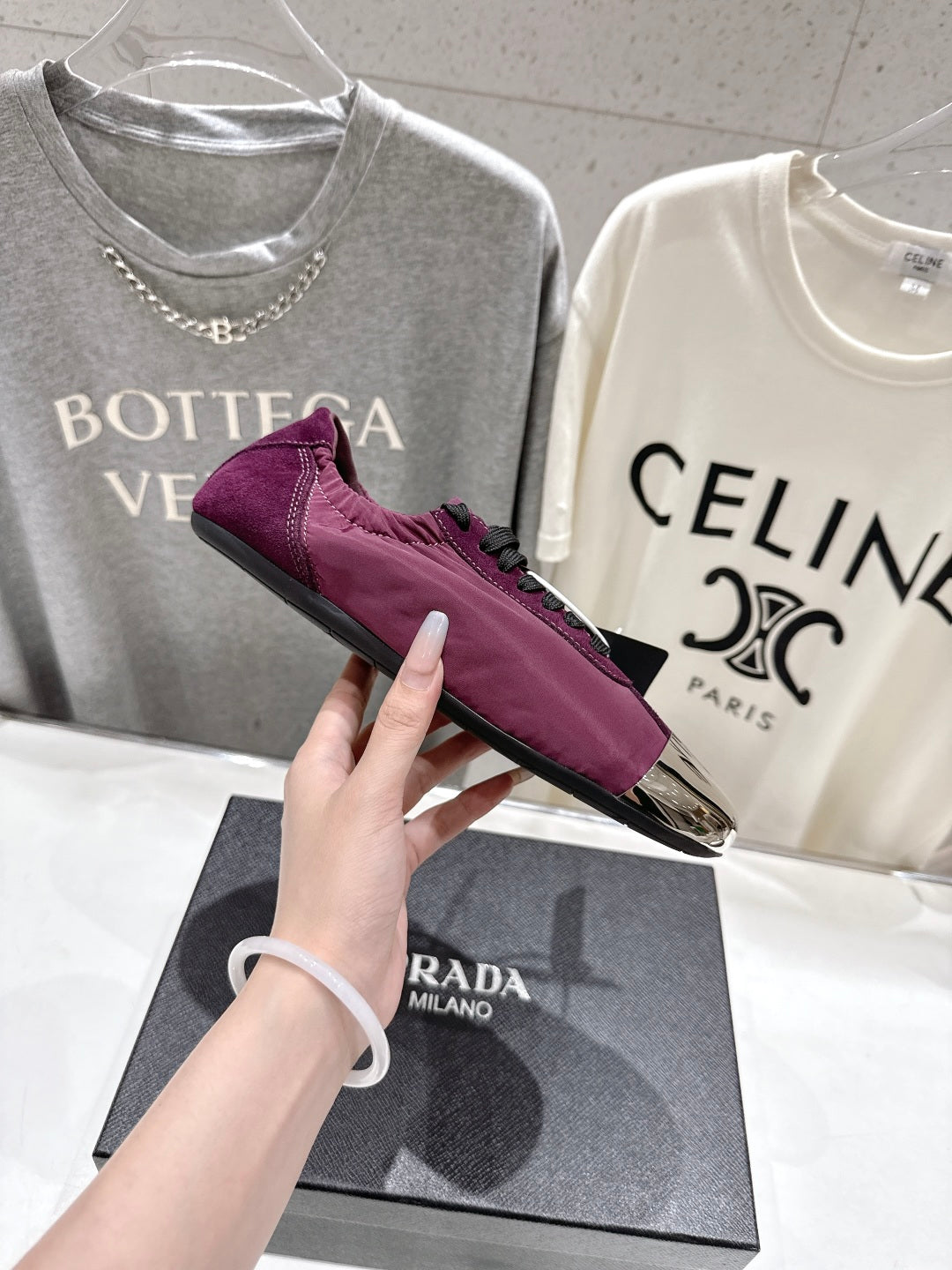 PRADA 25S COLLAPSE RE NYLON AND SUEDE SNEAKERS IN PLUM WITH METAL TOECAP - 35