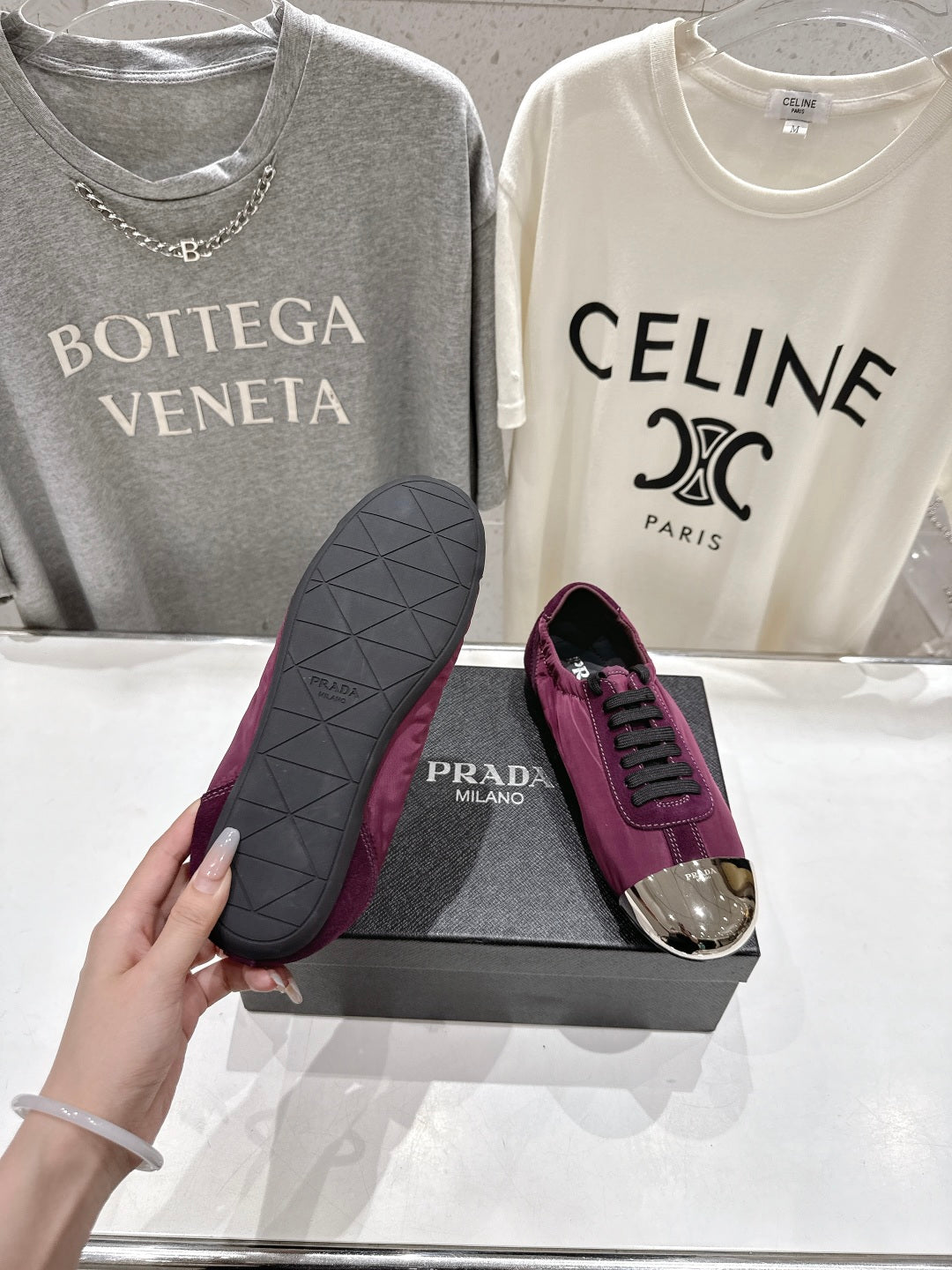 PRADA 25S COLLAPSE RE NYLON AND SUEDE SNEAKERS IN PLUM WITH METAL TOECAP - 35