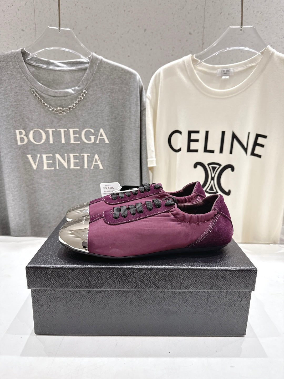 PRADA 25S COLLAPSE RE NYLON AND SUEDE SNEAKERS IN PLUM WITH METAL TOECAP - 35