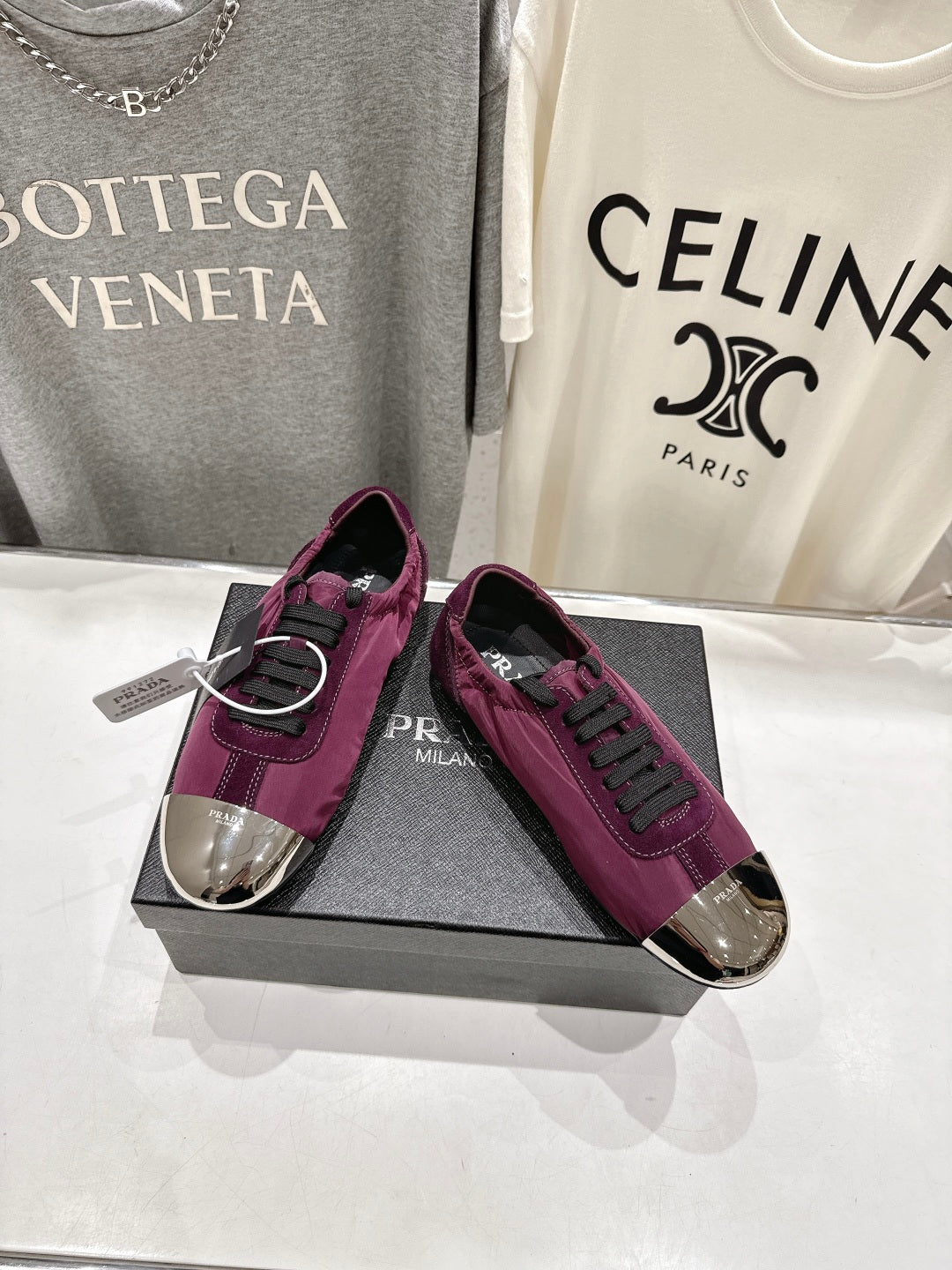 PRADA 25S COLLAPSE RE NYLON AND SUEDE SNEAKERS IN PLUM WITH METAL TOECAP - 35