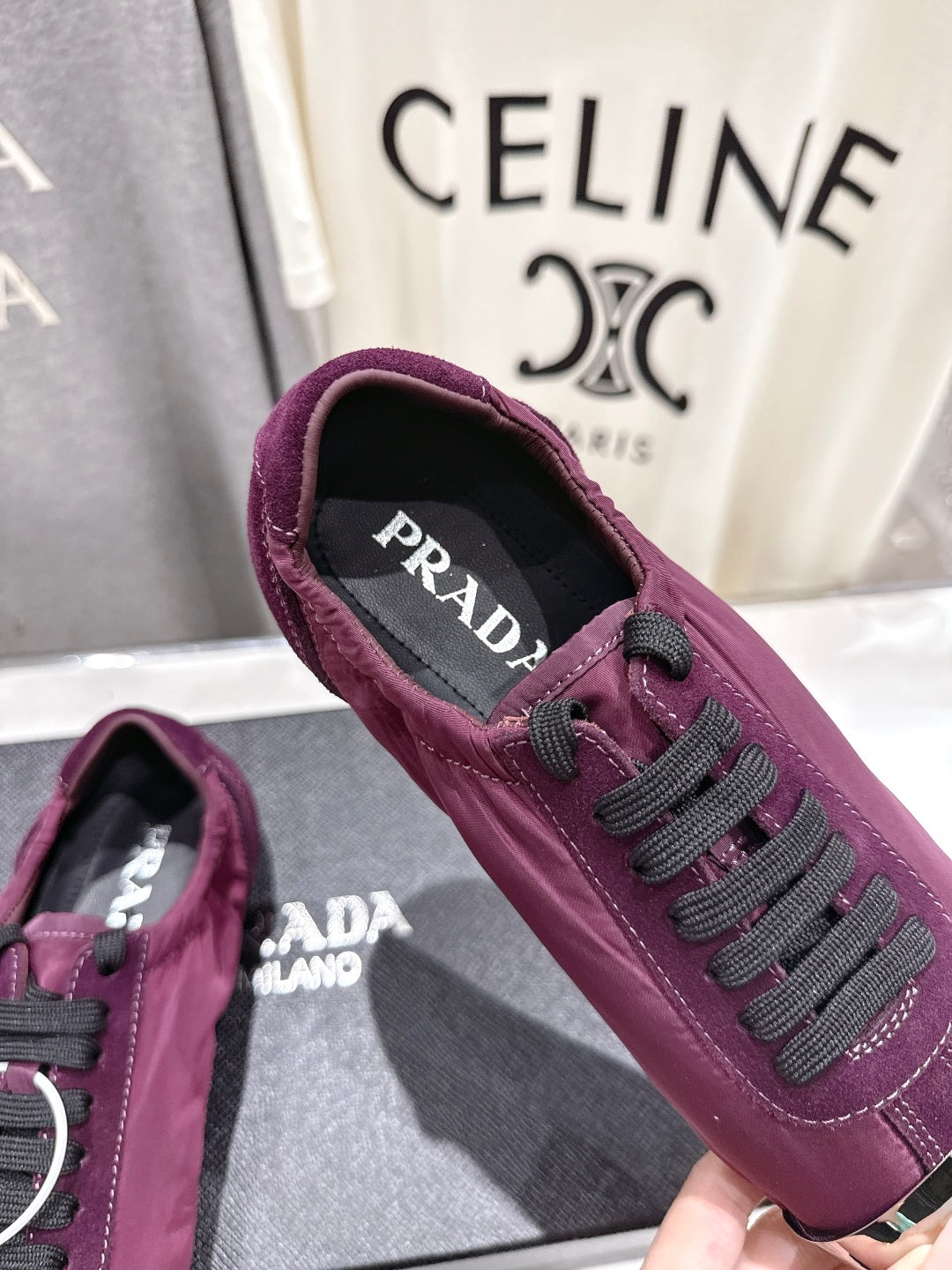 PRADA 25S COLLAPSE RE NYLON AND SUEDE SNEAKERS IN PLUM WITH METAL TOECAP - 35