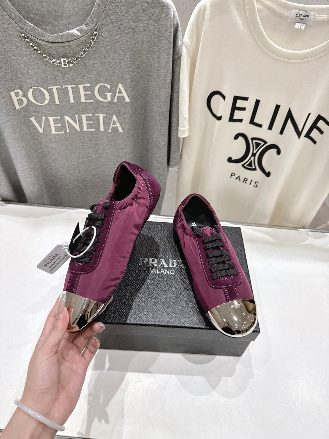PRADA 25S COLLAPSE RE NYLON AND SUEDE SNEAKERS IN PLUM WITH METAL TOECAP - 35