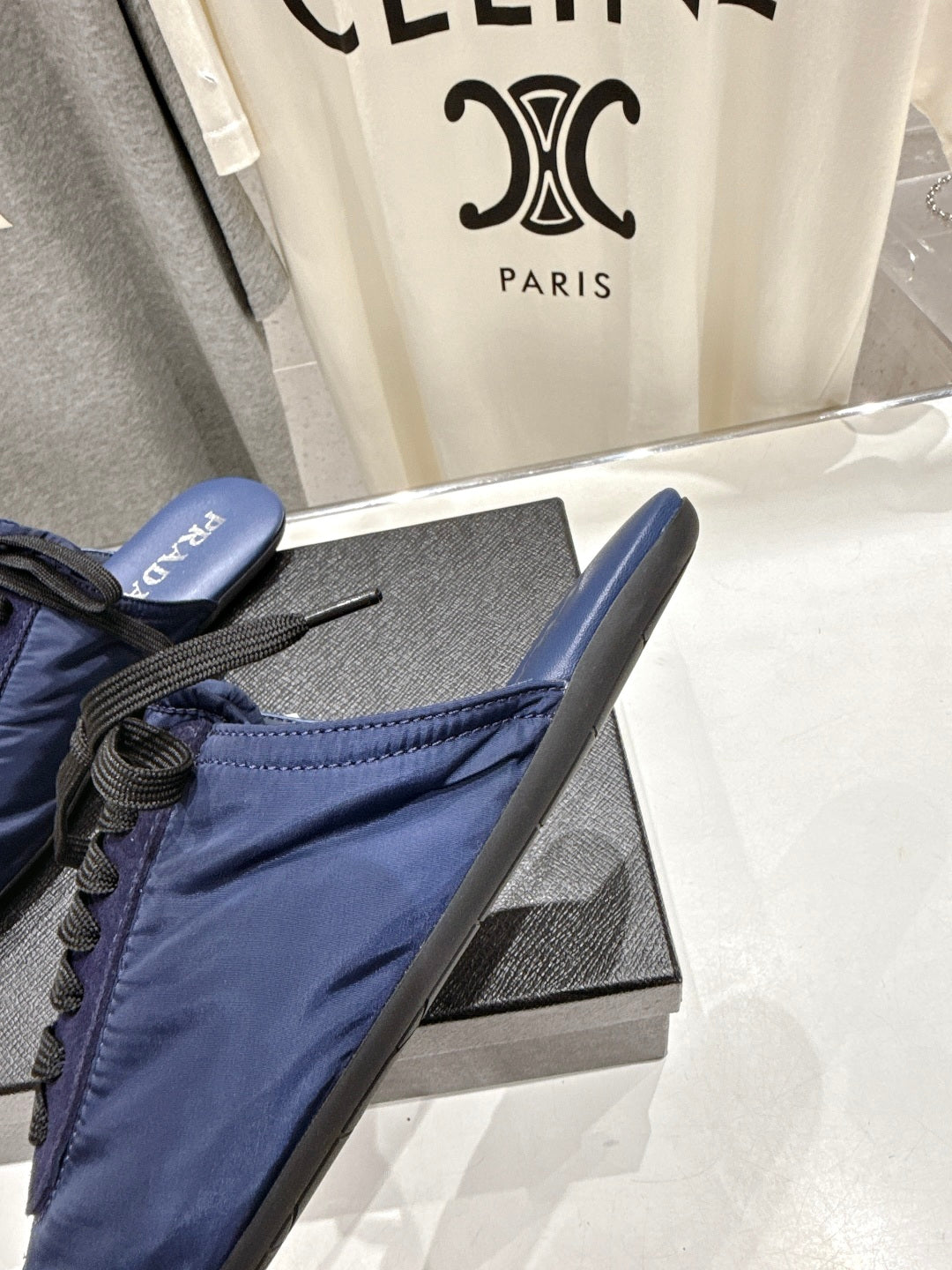 PRADA 25S MULES IN DARK BLUE WITH METAL TOECAP - 35