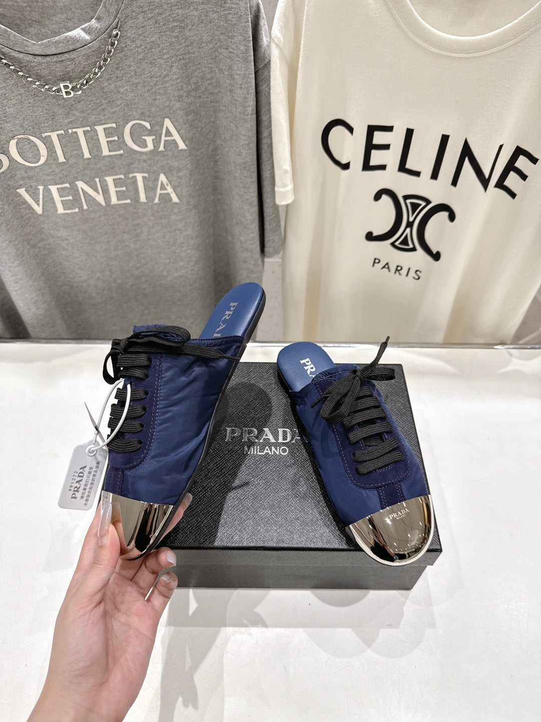 PRADA 25S MULES IN DARK BLUE WITH METAL TOECAP - 35
