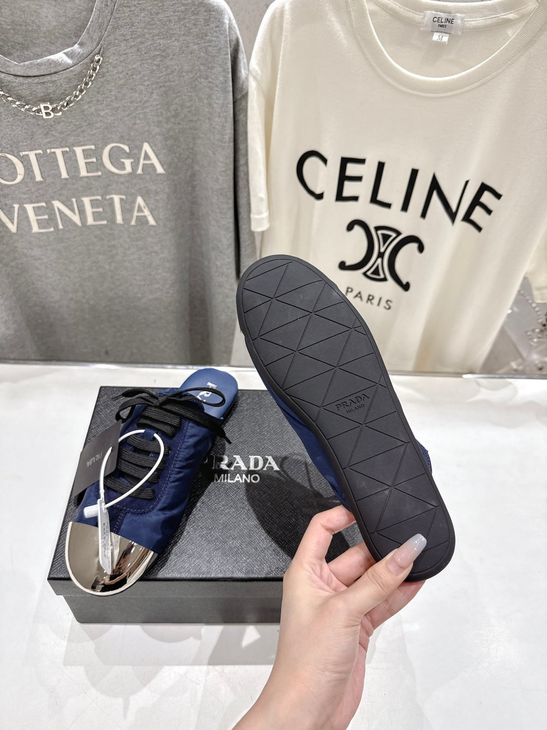 PRADA 25S MULES IN DARK BLUE WITH METAL TOECAP - 35