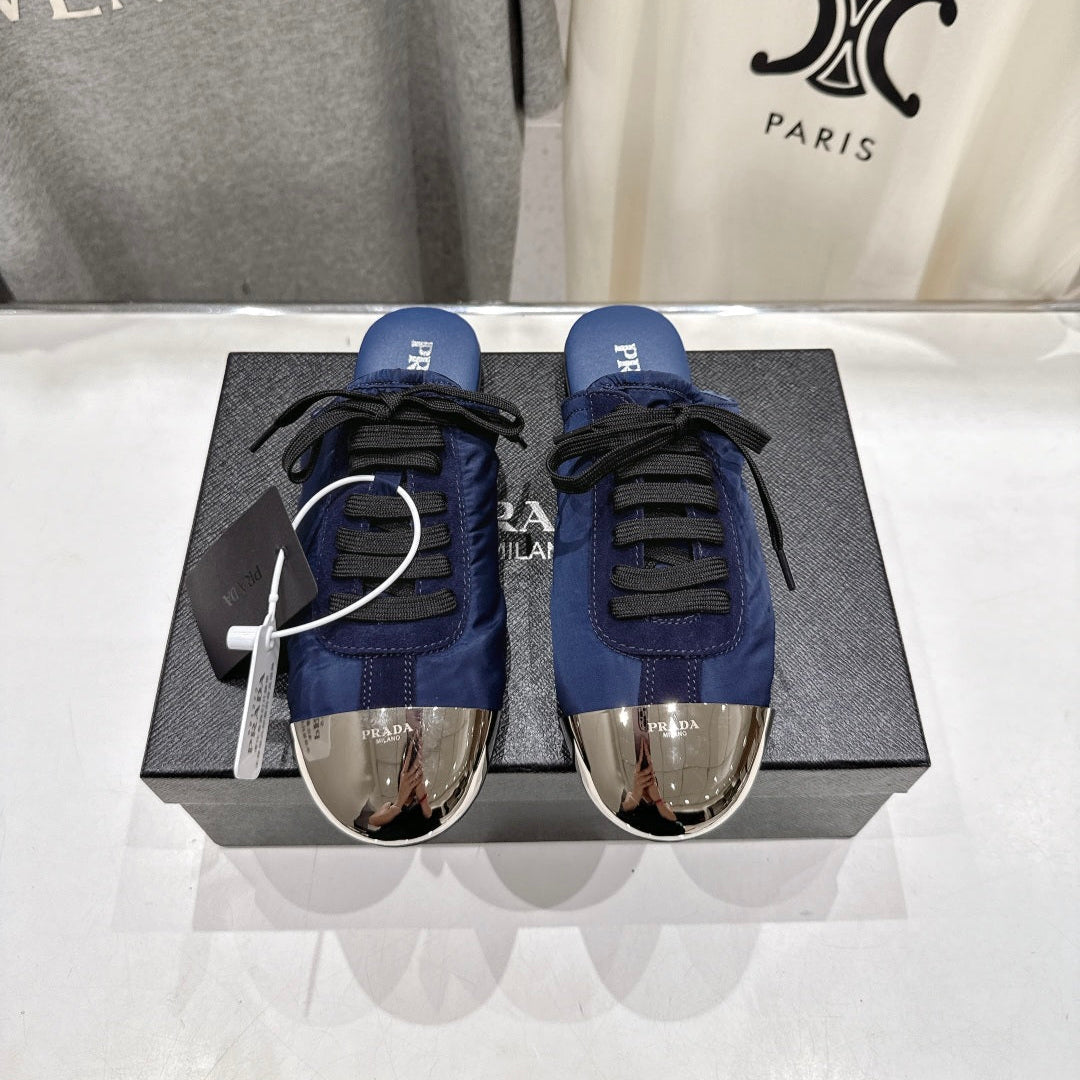 PRADA 25S MULES IN DARK BLUE WITH METAL TOECAP - 35