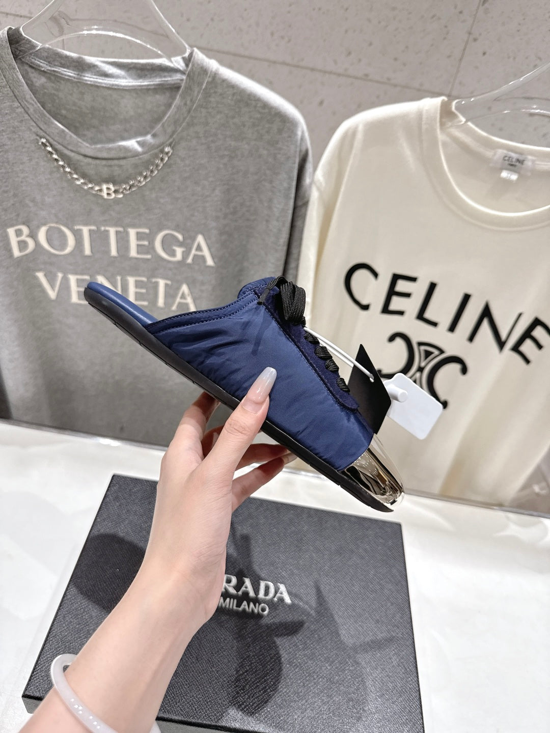 PRADA 25S MULES IN DARK BLUE WITH METAL TOECAP - 35