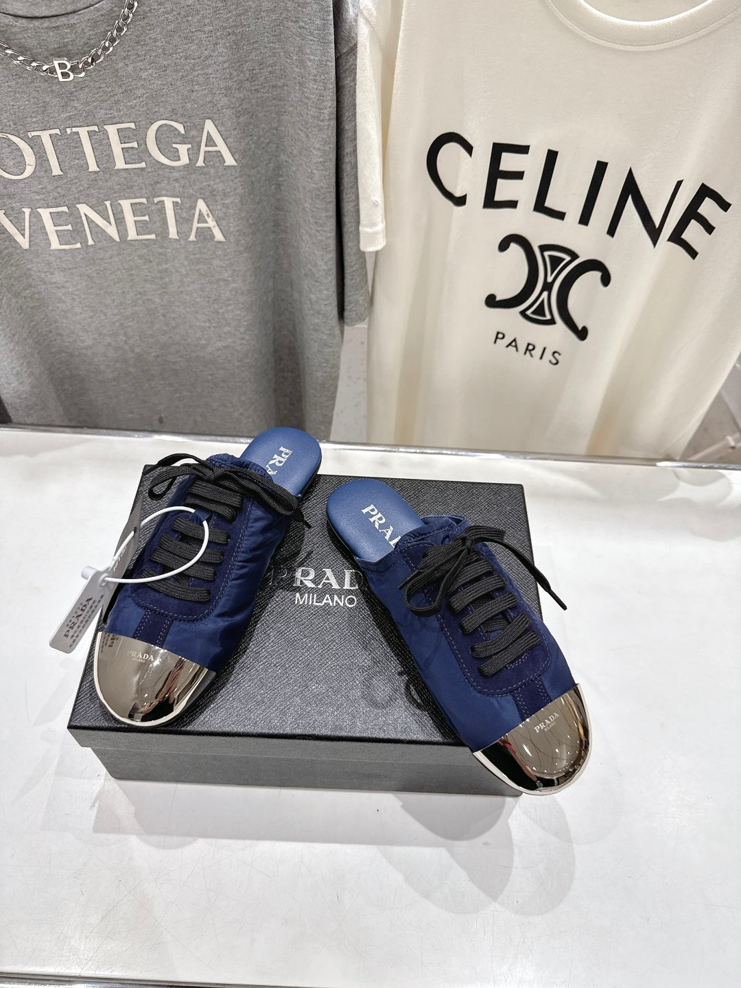 PRADA 25S MULES IN DARK BLUE WITH METAL TOECAP - 35