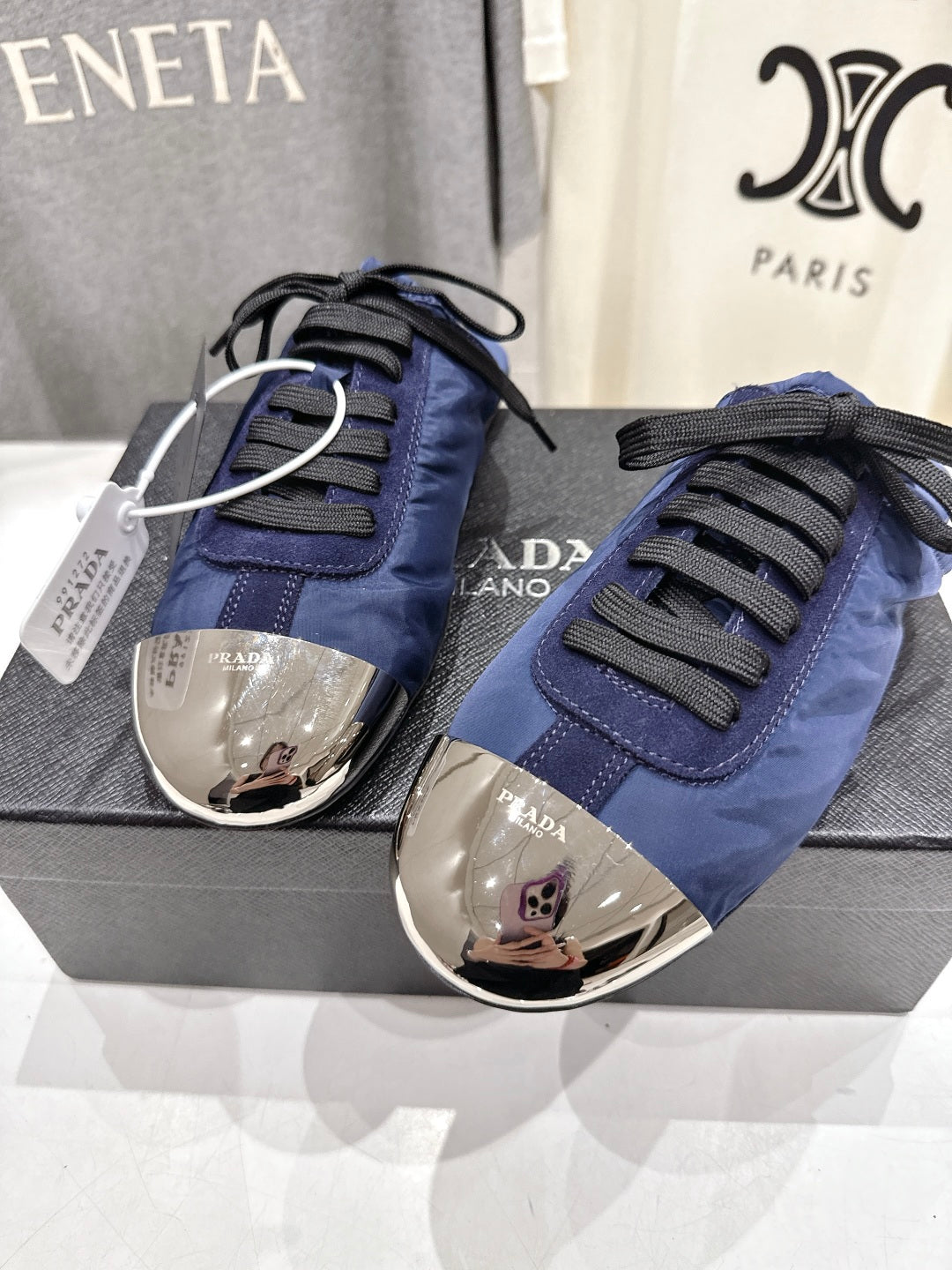 PRADA 25S MULES IN DARK BLUE WITH METAL TOECAP - 35