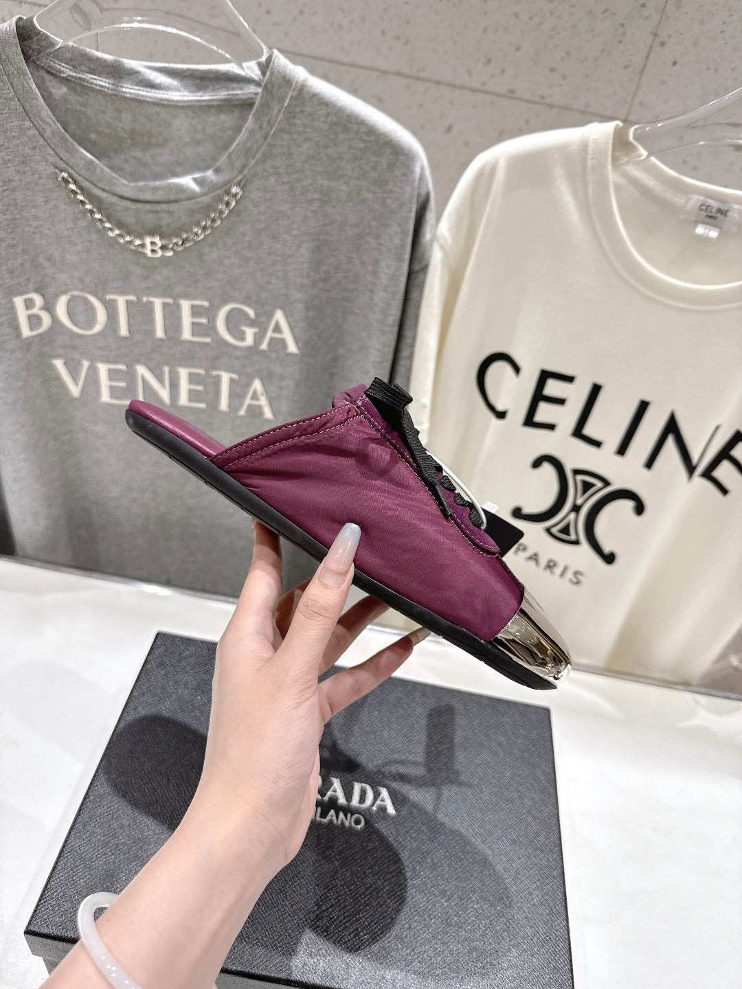 PRADA 25S MULES IN PLUM WITH METAL TOECAP - 35