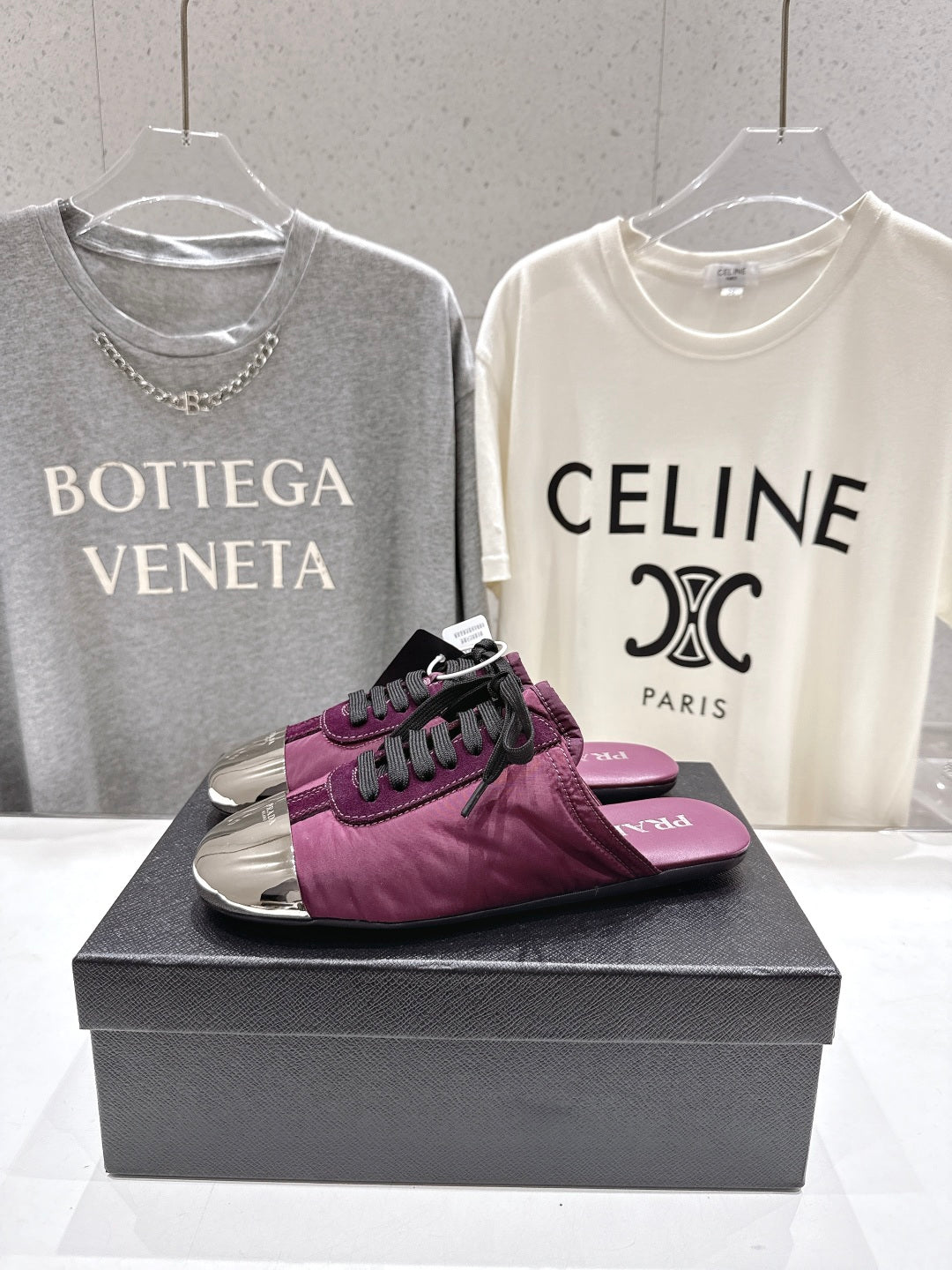PRADA 25S MULES IN PLUM WITH METAL TOECAP - 35